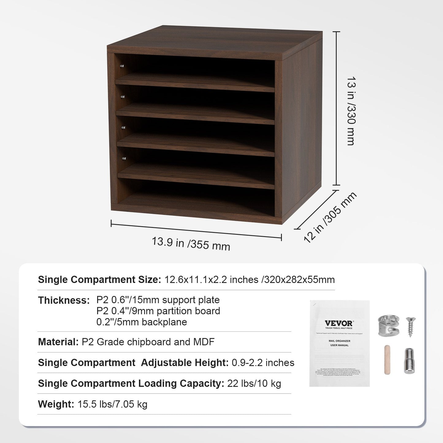 Literature Organizers, 5 Compartments Office Mailbox with Adjustable Shelves, Wood literature sorter 13.9x12x13 inches for Office, Home, Classroom, Mailrooms Organization, EPA Certified, Brown