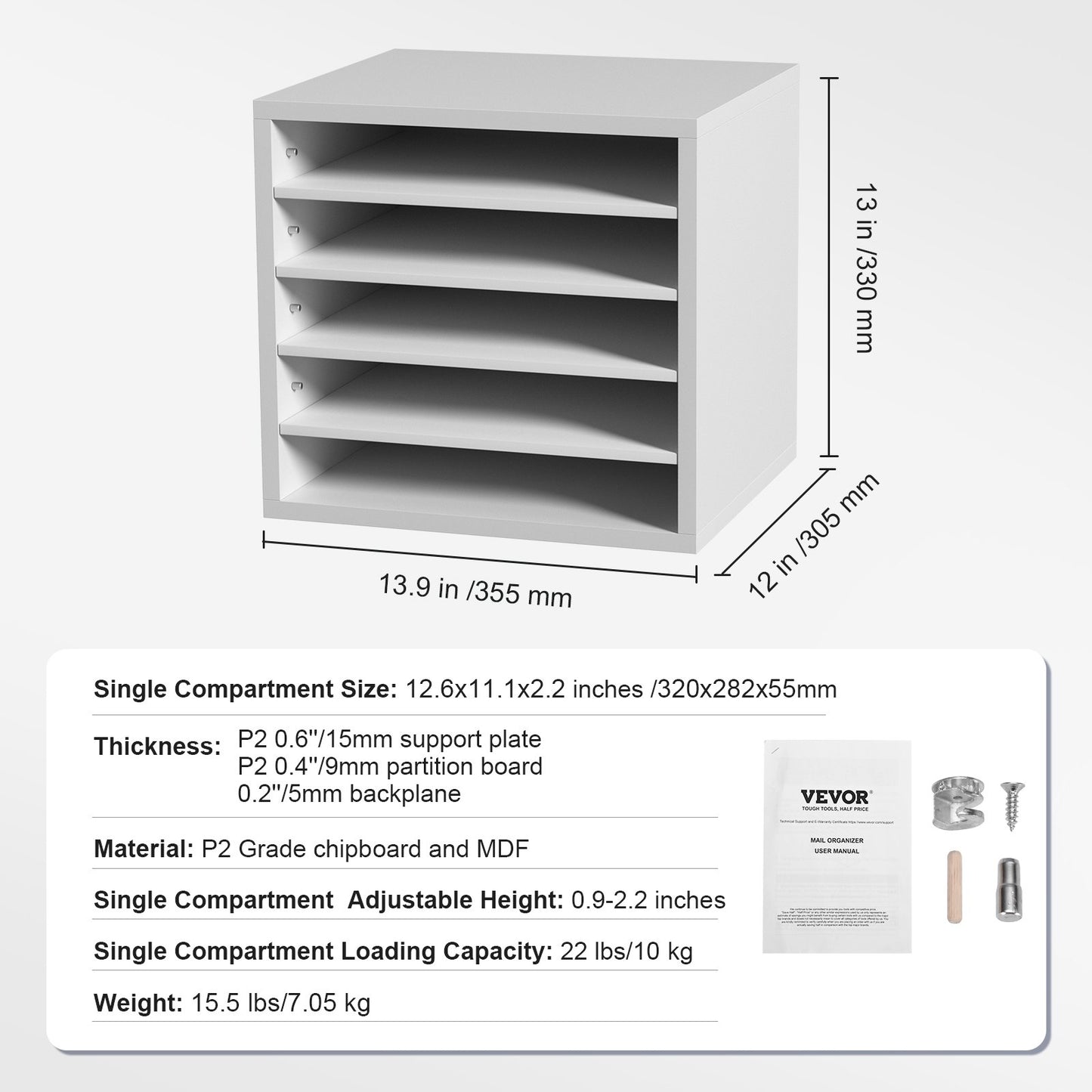 Literature Organizers, 5 Compartments Office Mailbox with Adjustable Shelves, Wood Literature Sorter 13.9x12x13 inches for Office, Home, Classroom, Mailrooms Organization, EPA Certified, White
