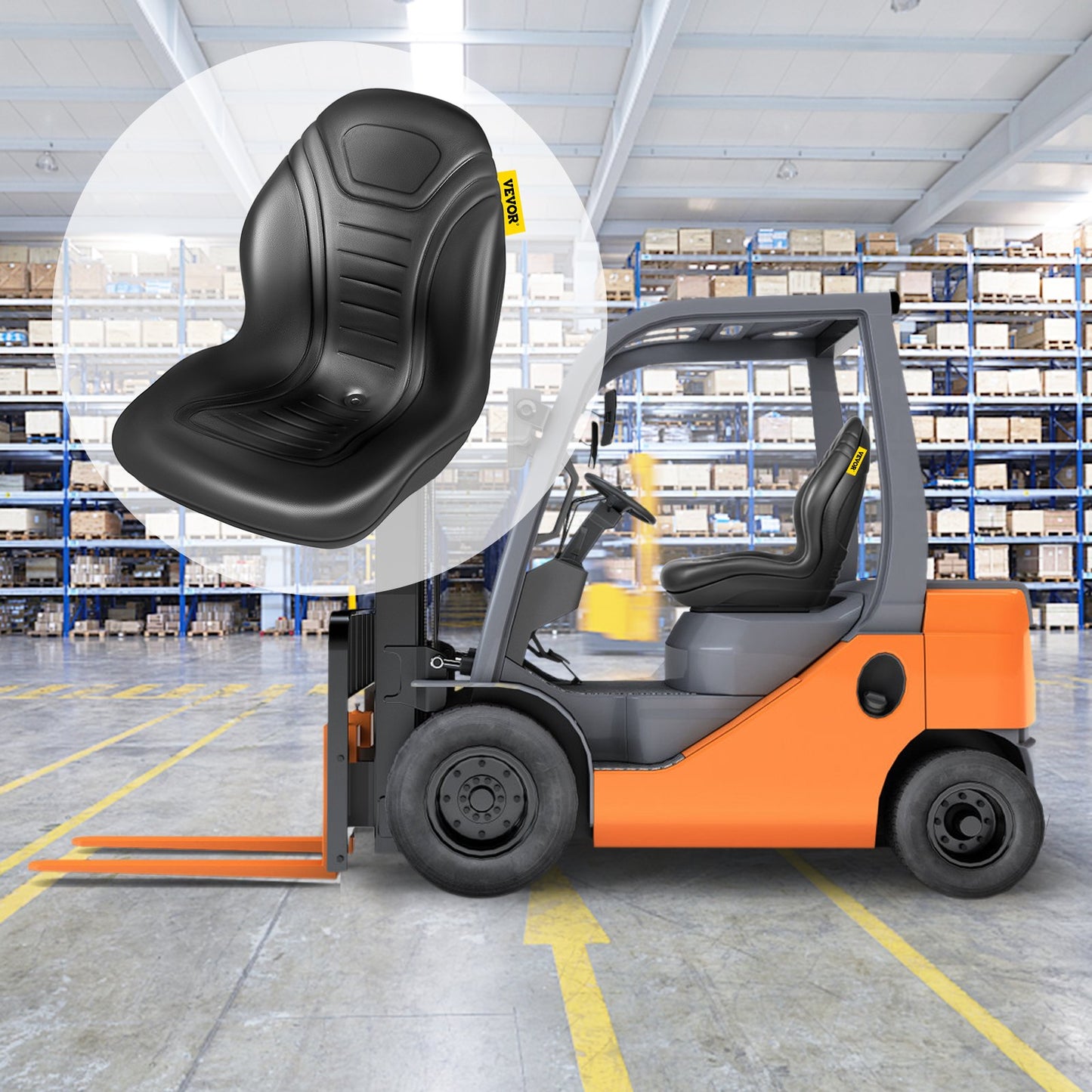 Universal Lawn Tractor Seat Replacement, Compact High Back Mower Seat, Black Vinyl Forklift Seat, Central Drain Hole Skid Steer Seat with Mounting Bolt Patterns of 8\" x 11.5\" & 11.25\" x 11.5\