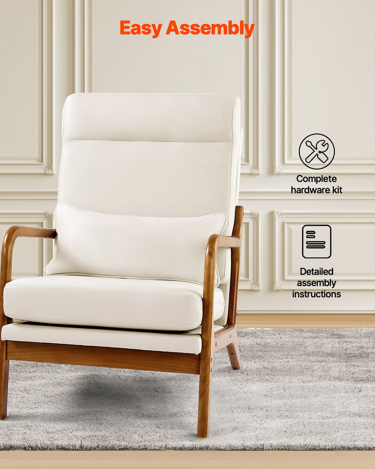 Accent Chair, High Back Mid Century Modern Armchair with Solid Wood Frame and Non-Slip Legs, Upholstered Leisure Chair with Linen Fabric and 5.3 in Thickened Cushion, for Living Room, Bedroom