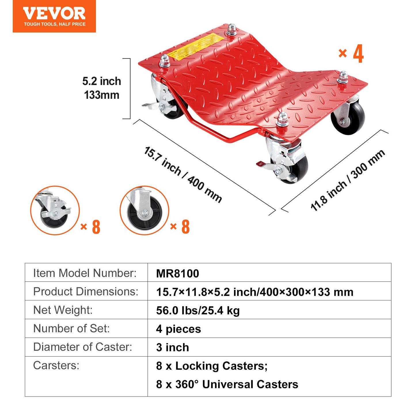 Wheel Dolly, 8000 lbs Capacity Heavy-Duty Steel Car Mover, Wheel Dolly Car Tire Stake Set with Brakes, Vehicle Moving Cart Moving Cars, Trucks, Trailers, Motorcycles, and Boats, Set of 4, Red