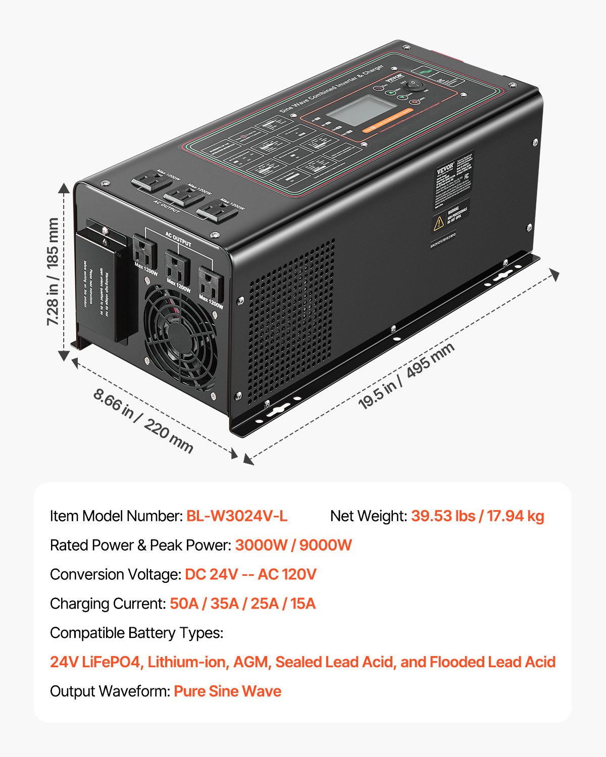 Pure Sine Wave Inverter Charger, 3000 Watt, DC 24V to AC 120V Power Inverter with LCD Display, Remote Control, Solar Inverter for Off-Grid Solar RV Boat Home, Compatible with Various Batteries