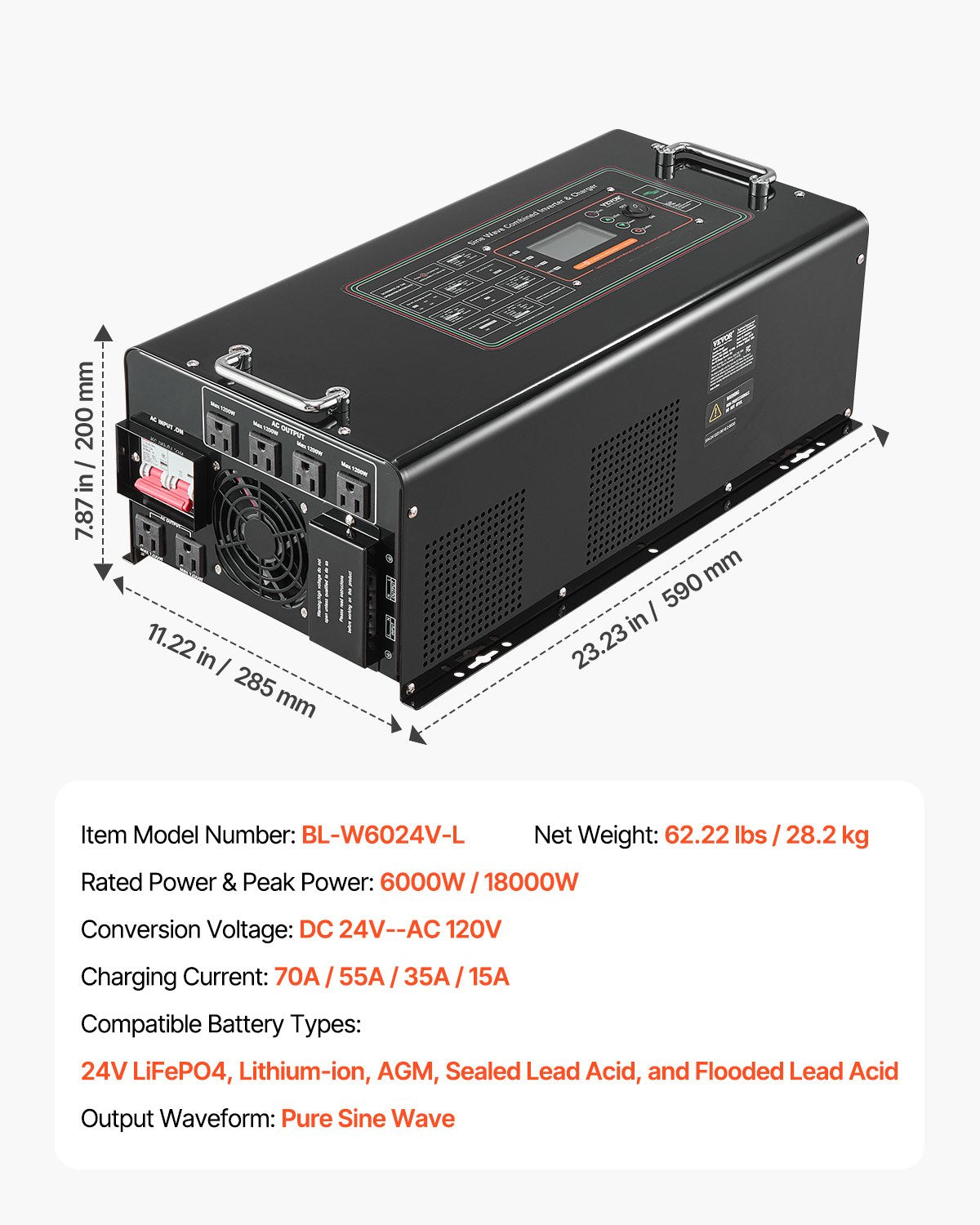 Pure Sine Wave Inverter Charger, 6000 Watt, DC 24V to AC 120V Power Inverter with LCD Display, Remote Control, Solar Inverter for Off-Grid Solar RV Boat Home, Compatible with Various Batteries