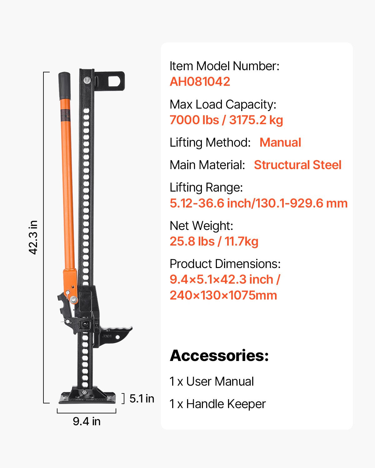 Farm Jack, 42" Utility High Lift Farm Jack, 3.18 Ton (7,000 lbs) Capacity Ratcheting Off Road Utility Jacks, Heavy-Duty Lift Jacks with 5.12"-36.6" Lifting Range for Tractor, Truck, SUV