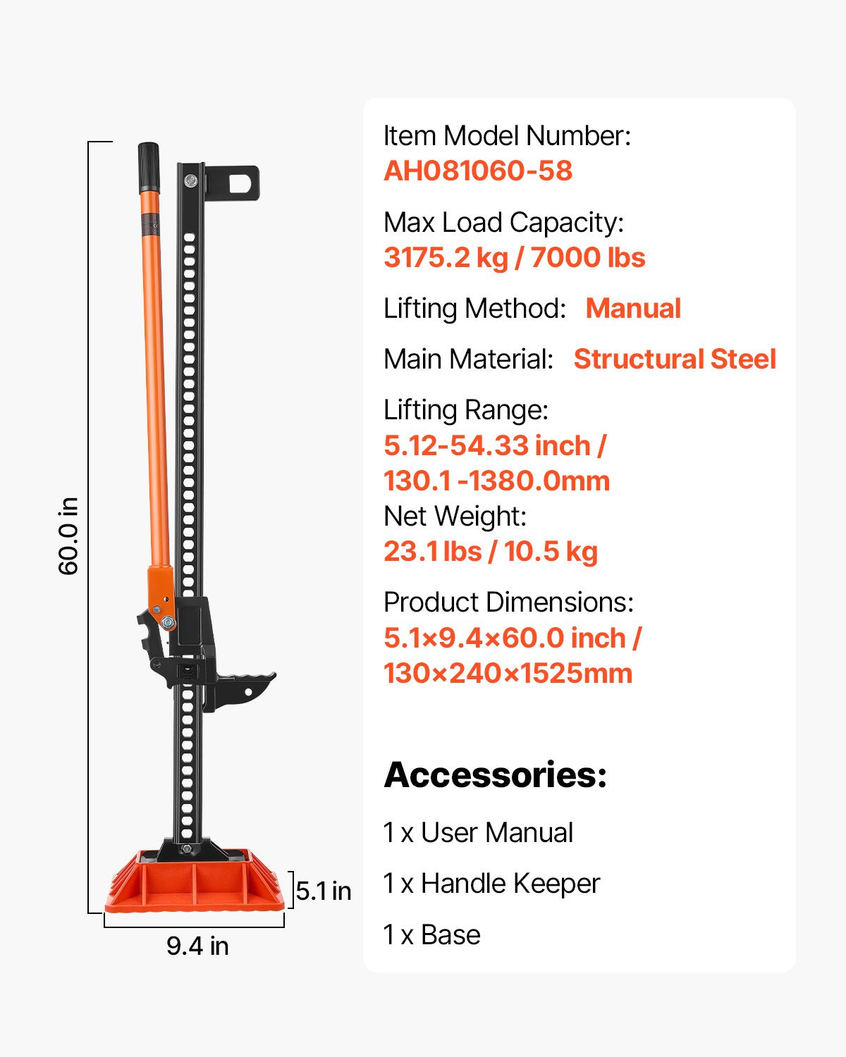 Farm Jack with Base, 60" Utility High Lift Farm Jack, 3.18 Ton (7,000 lbs) Capacity Ratcheting Off Road Utility Jacks, Heavy-Duty Lift Jacks with 5.12"-54.33" Lifting Range for Tractor, Truck, SUV