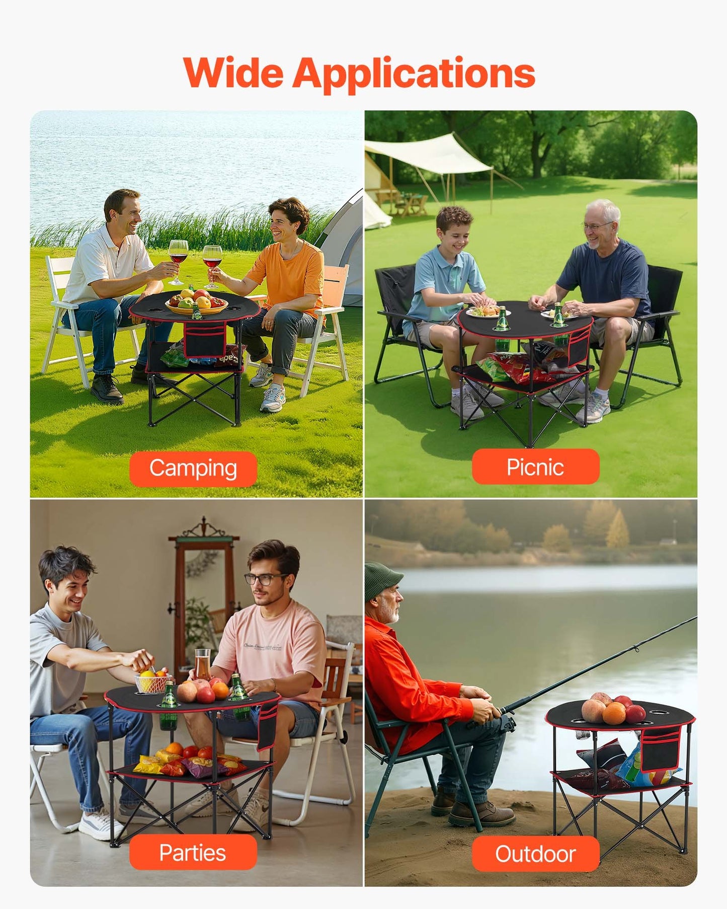 Folding Camping Table, Portable Outdoor Lightweight Picnic Table, 600D Oxford Fabric Waterproof Canvas Travel Beach Tables, with 4 Cup Holders, Carry Bag, for Tailgating Camping Picnic, Black