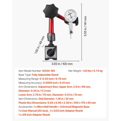 Mätklocka med universalmagnetisk bas och förvaringsfodral, 0,01 mm noggrannhet, 0–0,76 mm område, mikrokulhandtag för mätning av smala ytor, industriell bearbetning och inspektion | EU