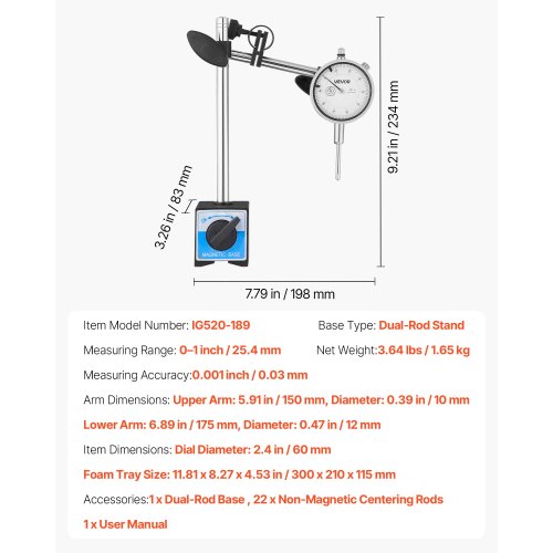 Mätklocka med stativ för dubbla stänger och förvaringsfodral, 0,03 mm noggrannhet, 0–25,4 mm område, finjusterbar lång arm, icke-magnetiska centreringsstänger för maskinuppsättning, mätning av smala områden | EU