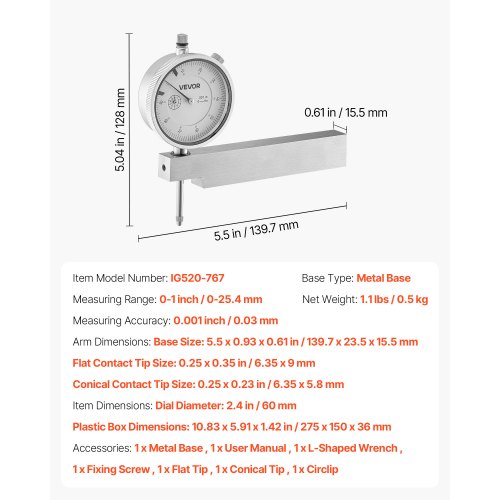 Mätklocka med metallbas, 0,03 mm noggrannhet, 0–25,4 mm intervall, lättläst stor urtavla, professionell för mätning av smala områden, industriell bearbetning och inspektion, precisionsprovning | EU
