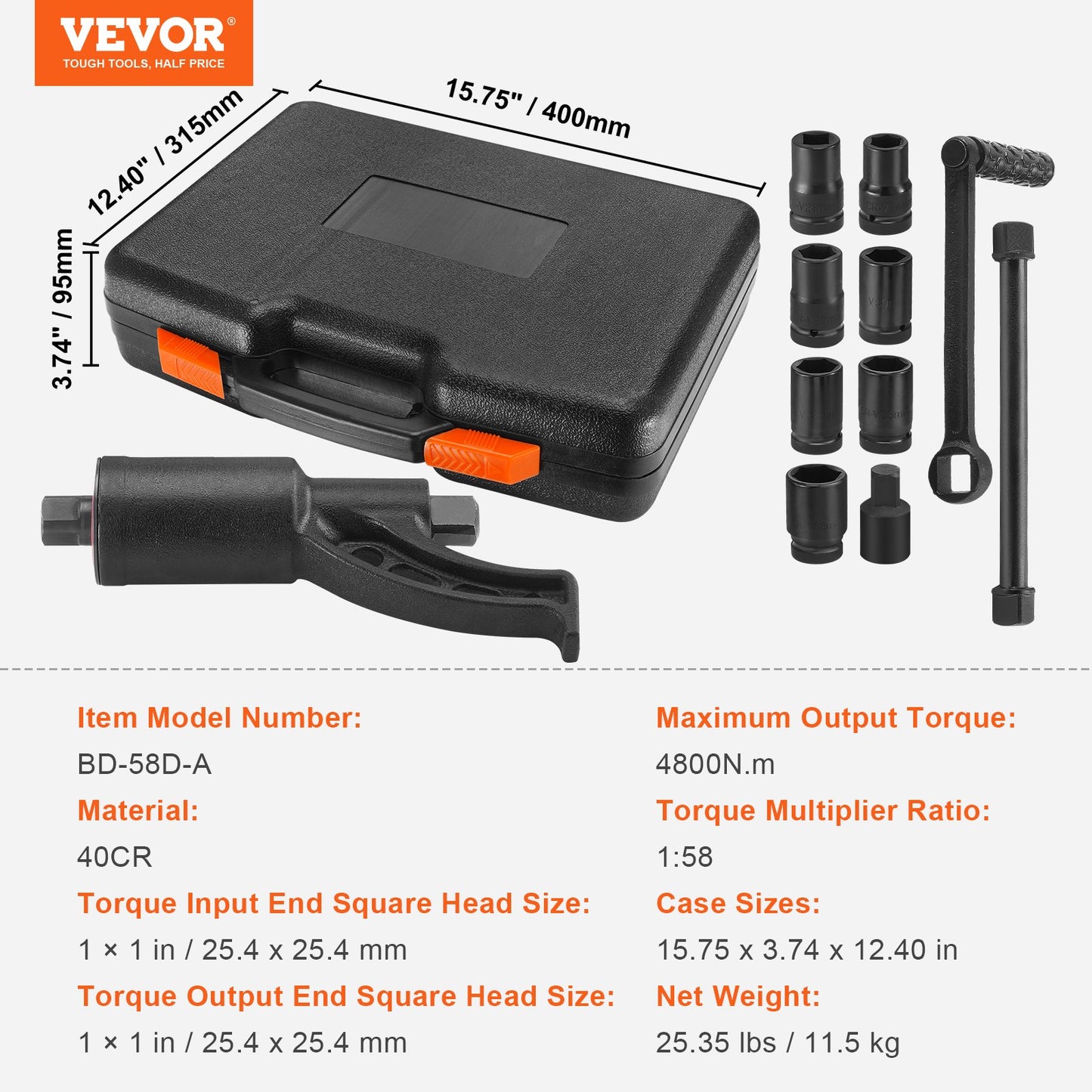 Torque Multiplier, 1 Inch Drive Lug Nut Wrench/Multiplier Heavy Duty Torque Multiplier Wrench Set, 1:58 4800N.m Lug Nut Remover, Includes 8 Sockets (24-38mm) and Storage Case