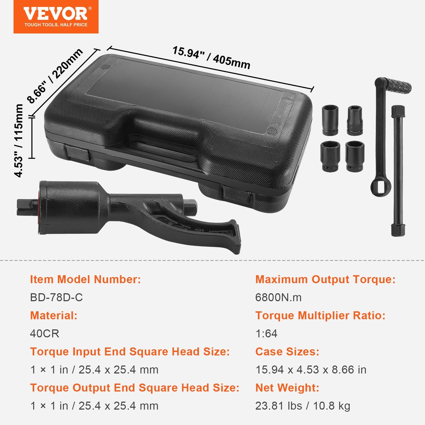 Torque Multiplier, 1 Inch Drive Lug Nut Wrench/Multiplier Heavy Duty Torque Multiplier Wrench Set, 1:64 6,800N.m Lug Nut Remover, Includes 4 Sockets (21-41mm) and Storage Case