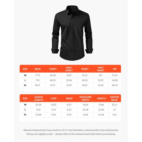 Herrskjorta med knappar, Herrlångärmad Skrynkelfri Skjorta med knappar, Slim Fit, Mjukt Stretchtyg, För Business Casual eller Fest, Arbete, Bröllop, Middag, Svart | EU