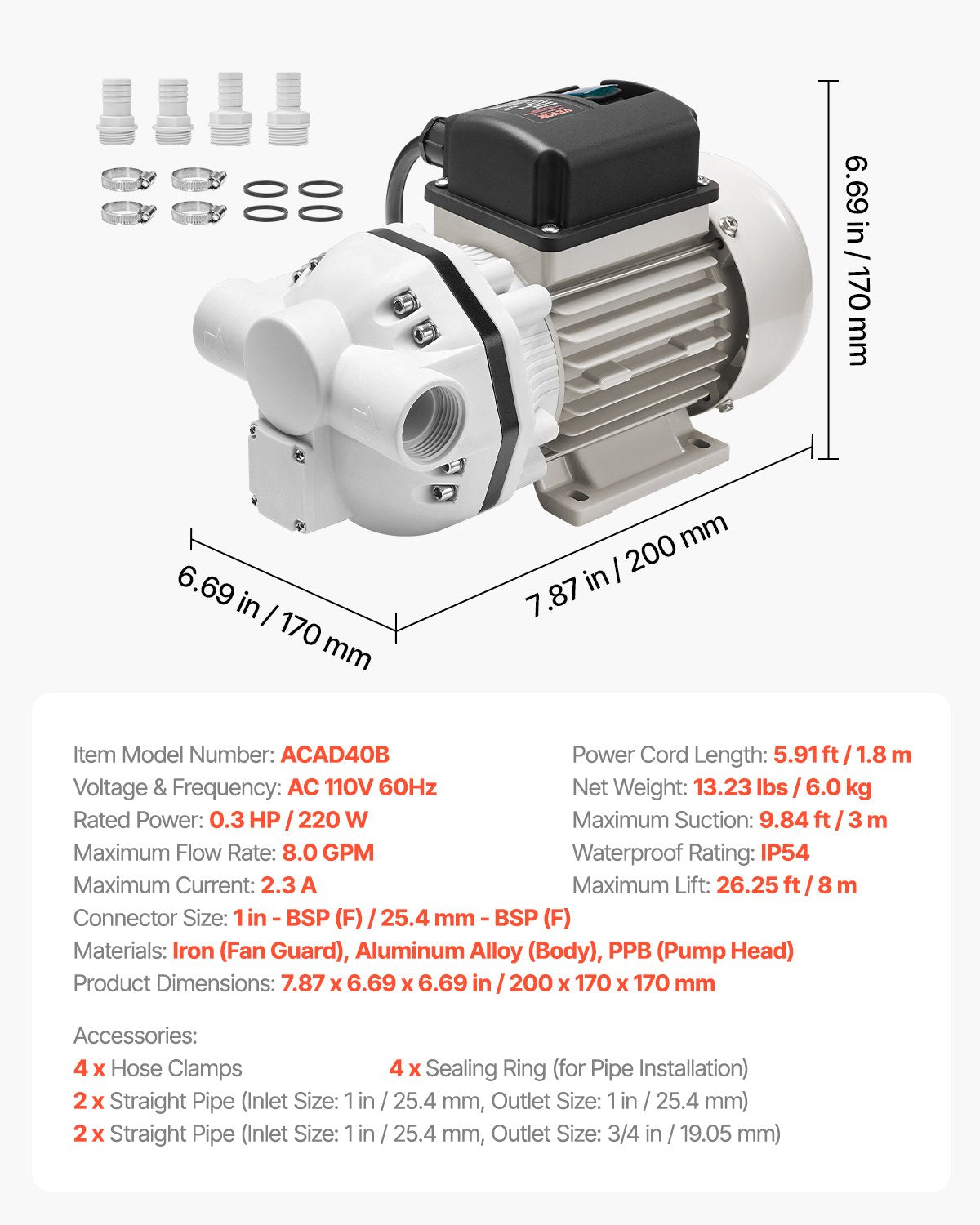 DEF Transfer Pump, 8 GPM, Diaphragm Irrigation Self Priming Electric Water Pump for Diesel Exhaust Fluid Automotive Urea Oil, 110V, 220W, 26.25 ft Lift, for Liquid Transportation Refueling