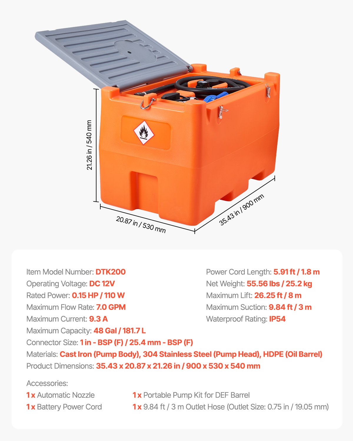 12V DEF Transfer Pump Kit, 7 GPM, Diaphragm Irrigation Self Priming Electric Water Pump, with 48 Gallon Tank, Automatic Nozzle, 9.84 ft Hose, 26.25 ft Lift, for Diesel Exhaust Fluid Urea Liquid