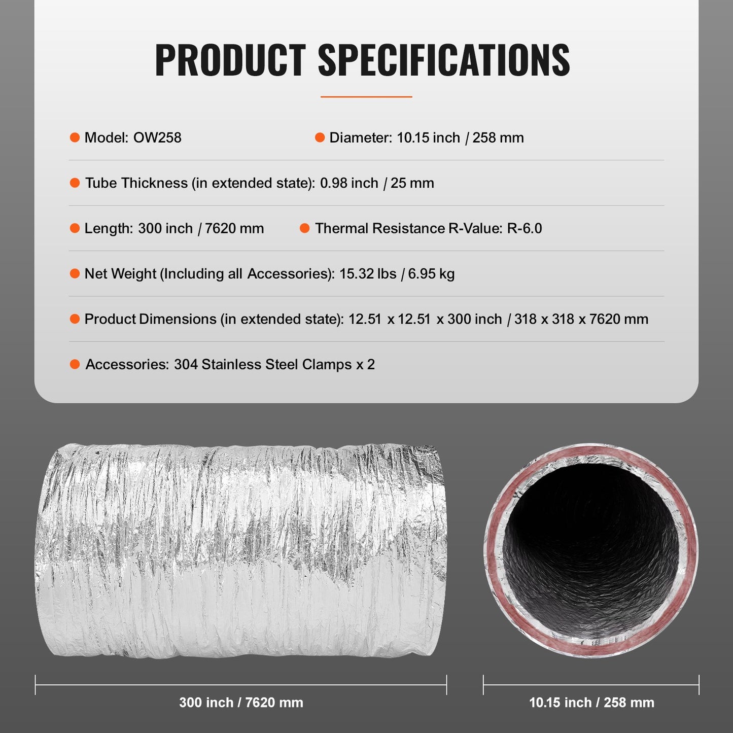Dryer Vent Hose, 10'' Insulated Flexible Duct 25FT Long with 2 Duct Clamps, Heavy-Duty Three Layer Protection for HVAC Heating Cooling Ventilation and Exhaust, R-6.0 Flame Resistance Value
