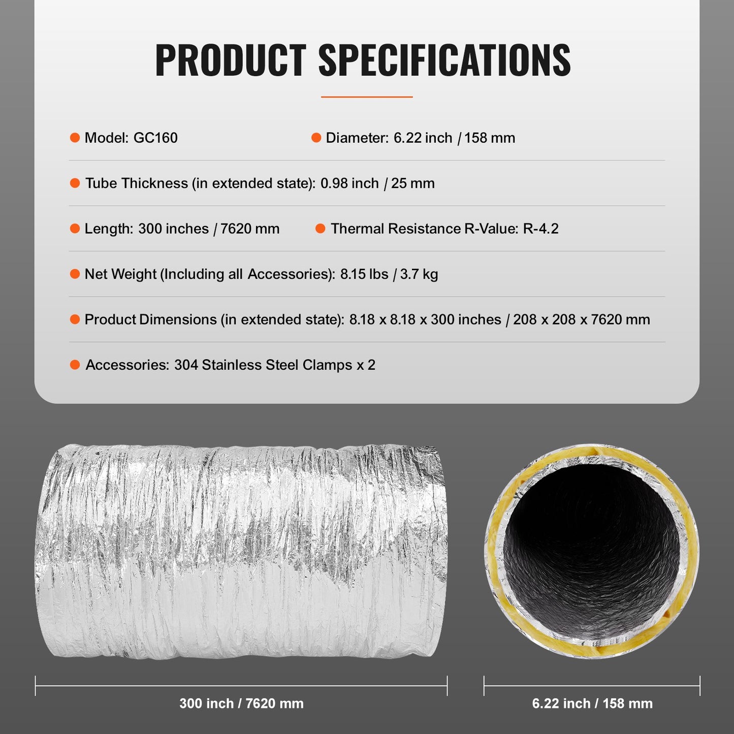 Dryer Vent Hose, 6'' Insulated Flexible Duct 25FT Long with 2 Duct Clamps, Heavy-Duty Three Layer Protection for HVAC Heating Cooling Ventilation and Exhaust, R-4.2 Flame Resistance Value