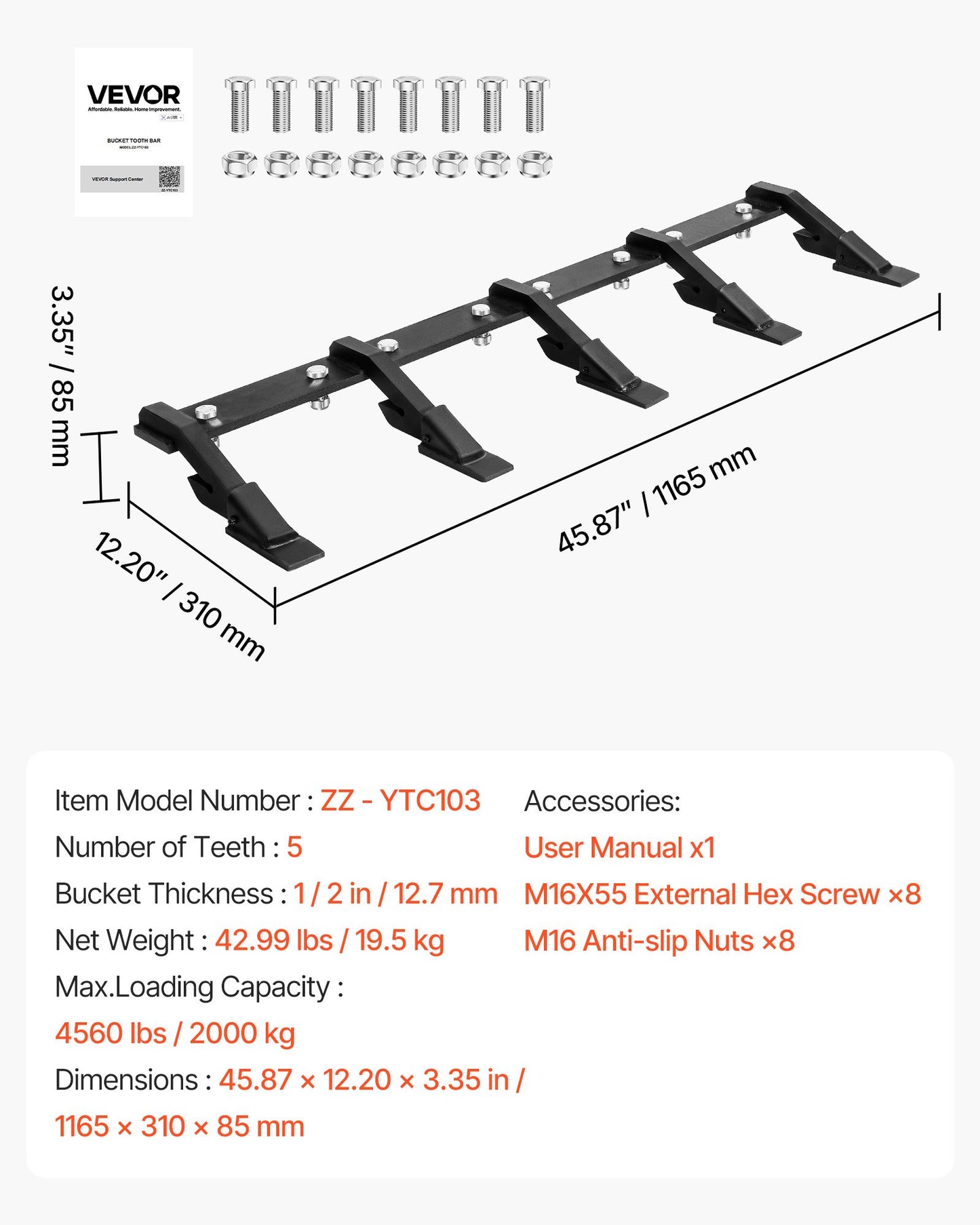 Bucket Tooth Bar, 46 in Heavy Duty 5 Teeth Tractor Bucket Bar for Loader Tractor Loader Skidsteer, 4560 lbs Load Capacity, Bolt On Teeth Bars for Buckets Protection Efficient & Soil Excavation