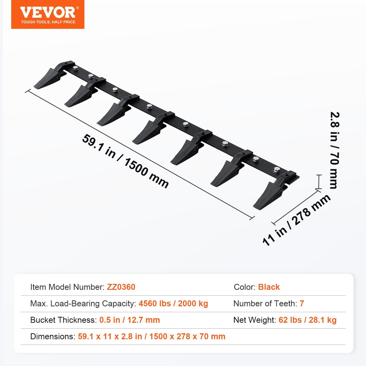 Bucket Tooth Bar, 60'', Heavy Duty Tractor Bucket 7 Teeth Bar for Loader Tractor Skidsteer, 4560 lbs Load-Bearing Capacity Bolt On Design, for Efficient Soil Excavation and Bucket Protection