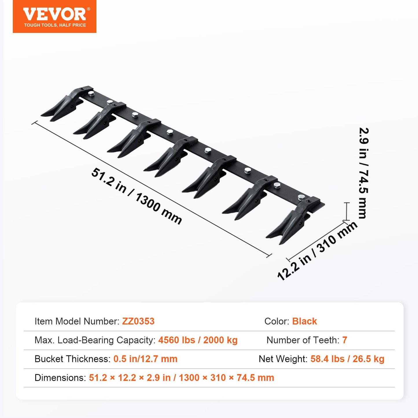 Bucket Tooth Bar, 53'', Heavy Duty Tractor Bucket Teeth Bar for Sub-Compact Tractor Loader, 4560 lbs Load-Bearing Capacity, Fits Bucket Cutting Edges Sized 1/2" or Less with No Drilling Required