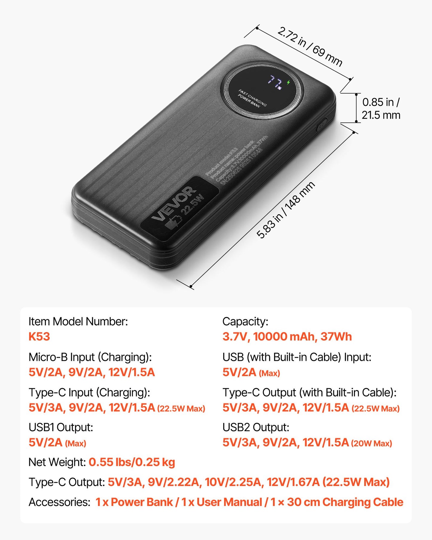 Portable Charger, with Built-in Cables, 10000 mAh Travel Battery Pack, 6 Outputs 3 Inputs Fast Charging Power Bank with USB Type-C Micro-B Input, Smart LED Display, for iPhone, Samsung, Android