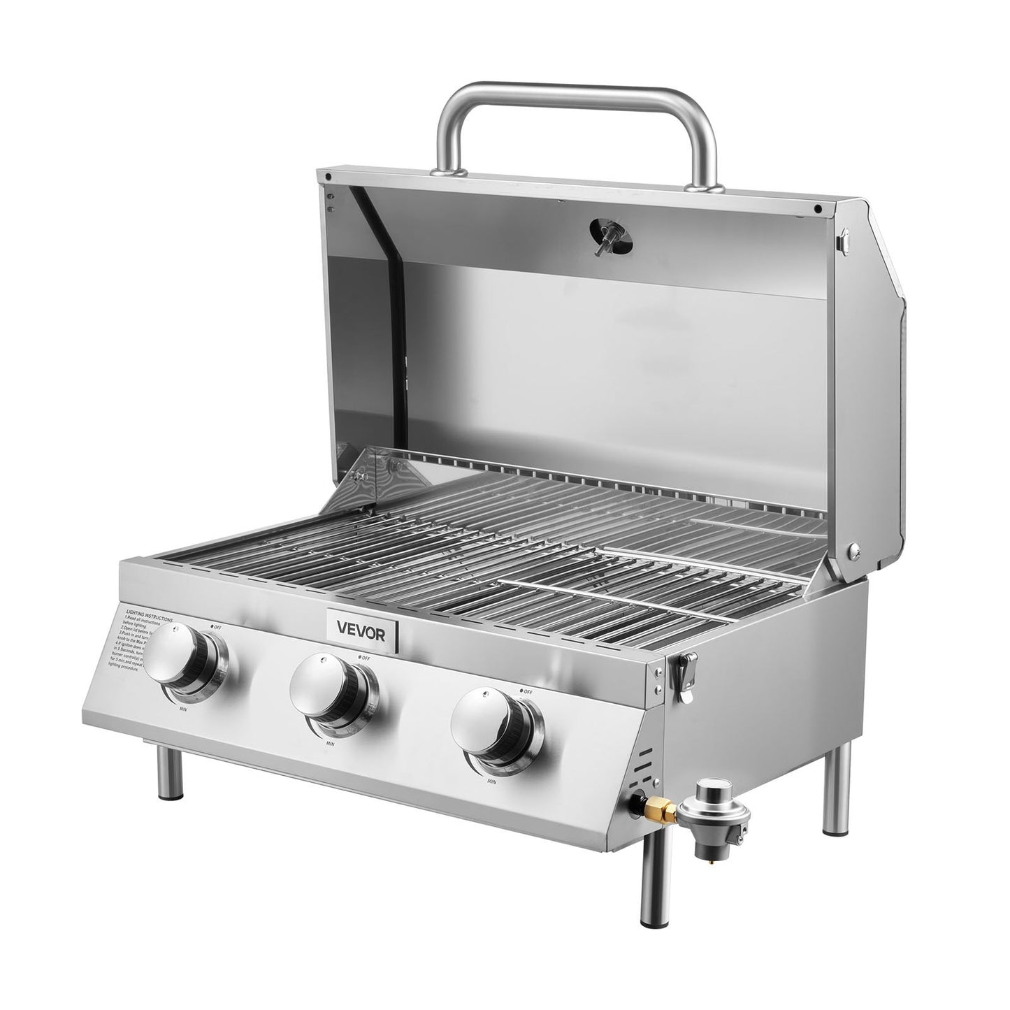 Tabletop Gas Grill, 3-Burner Stainless Steel Portable Propane Grill, with Built-in Thermometer, Travel Locks, Weatherproof Lid, 22,500 BTU Total, for Outdoor Cooking, Patio, Party, Camping, RV