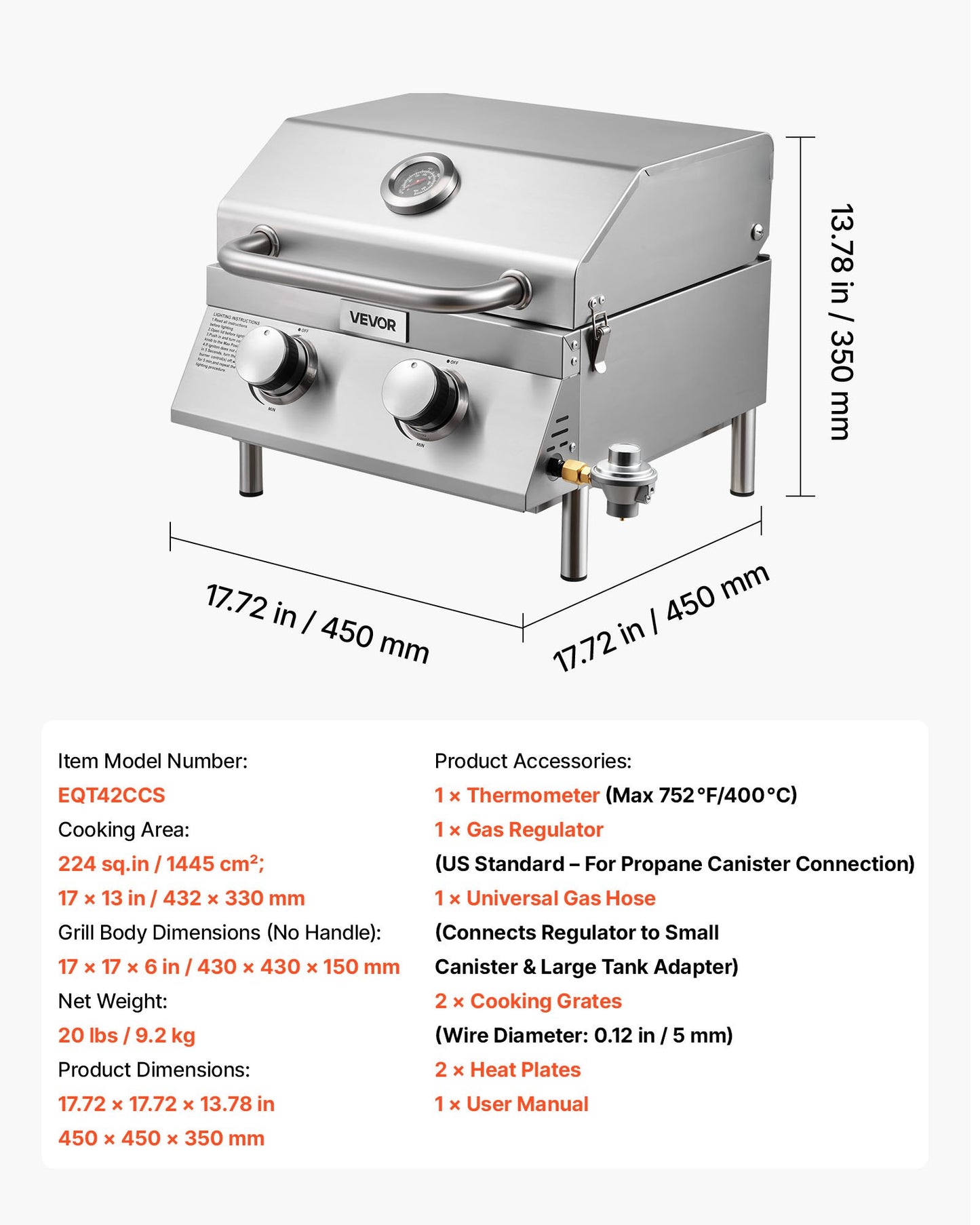 Tabletop Gas Grill, 2-Burner Stainless Steel Portable Propane Grill, with Built-in Thermometer, Travel Locks, Weatherproof Lid, 15,000 BTU Total, for Outdoor Cooking, Patio, Party, Camping, RV