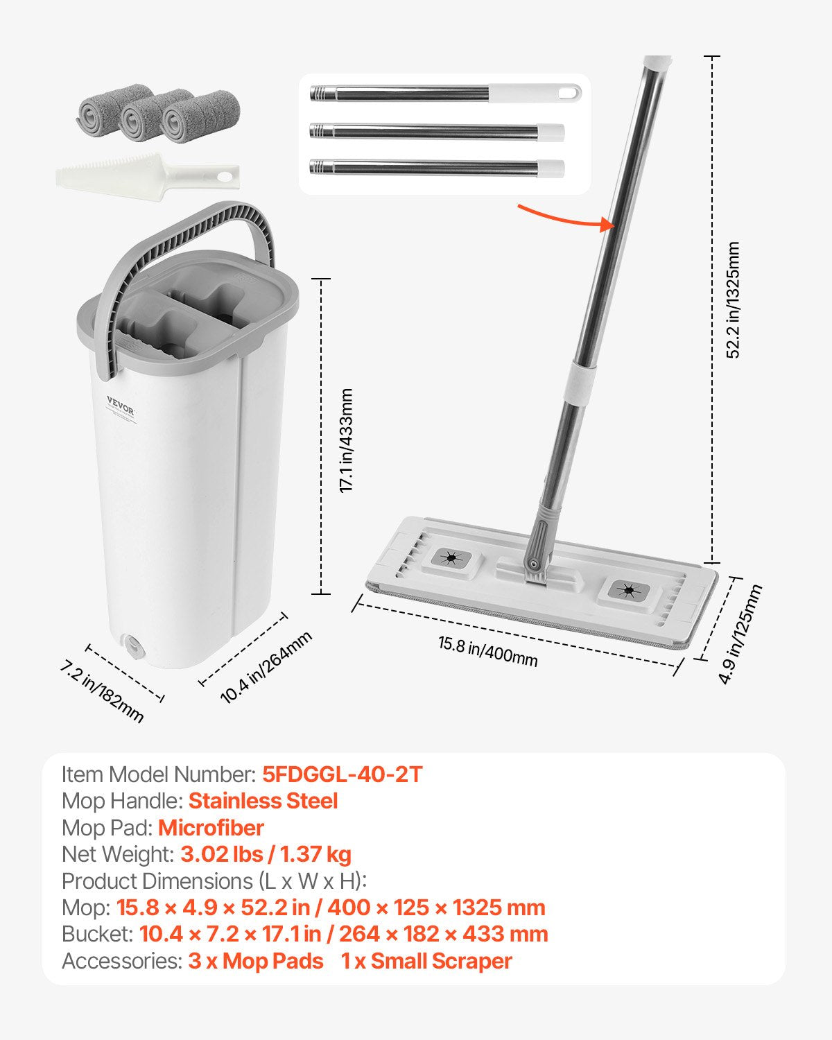 Mop and Bucket with Wringer Set, Wet & Dry Use, Flat Mop and Bucket System with 3 Washable Microfiber Pads, Flat Mop with Stainless Steel Handle, Mop Bucket Set for Hardwood Tile Vinyl