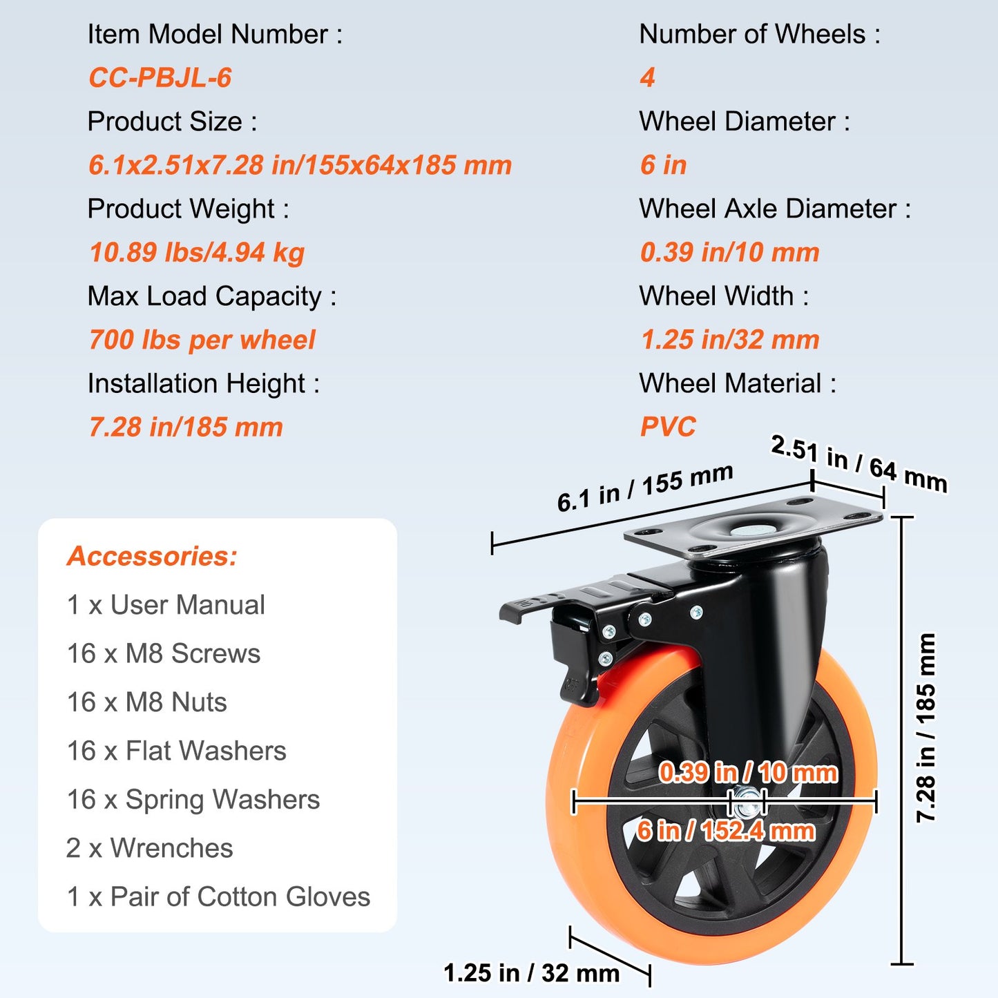 Caster Wheels, 6-inch Swivel Plate Casters, Set of 4, with Security A/B Locking No Noise PVC Wheels, Heavy Duty 700 lbs Load Capacity Per Caster, Non-Marking Wheels for Cart Furniture Workbench