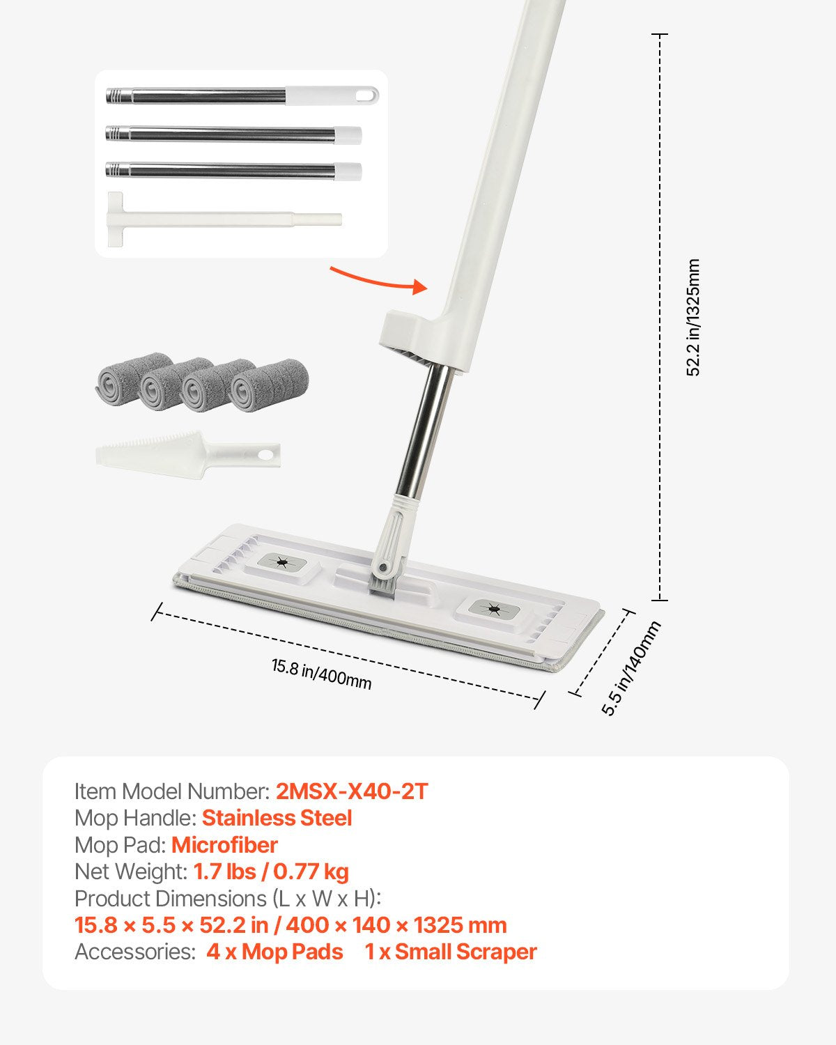 Flat Mop, Self Wringing, Microfiber Floor Mop with 4 Reusable & Washable Mop Pads for Dry & Wet Floor Cleaning, Microfiber Flat Mop with Stainless Steel Handle for Hardwood Laminate Tile Vinyl