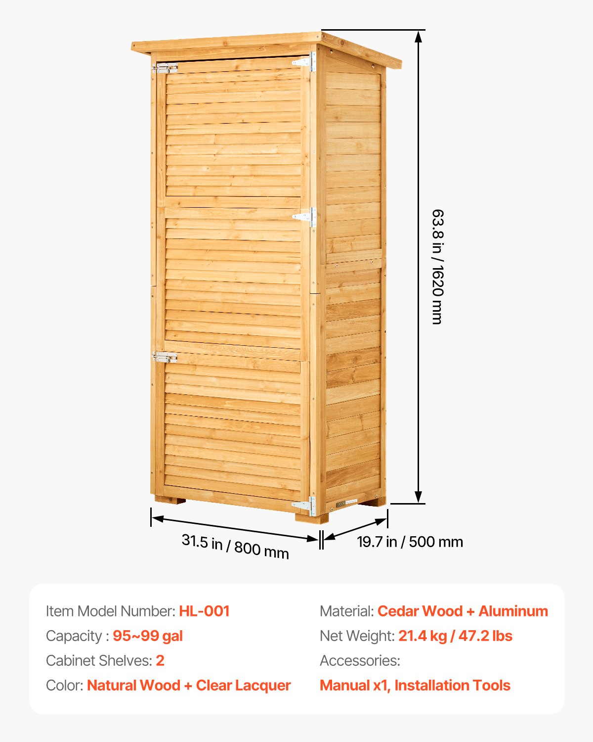 Outdoor Storage Shed, Large Wooden Outside Storage Shed, Oversize Garden Tool Shed with Metal Frame, Shelves, Floor, Waterproof Storage House Cabinet for Patio Yard Lawn Garden, 31.5x63.8 inch