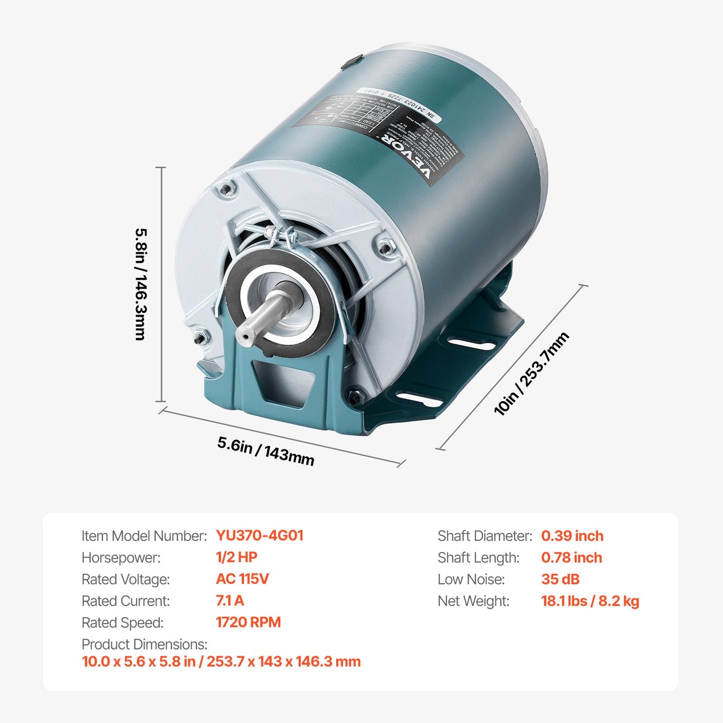 1/2HP Furnace Blower Motor 1720RPM, 115V 7.1A Belt Drive Blower Motor Single Phase - 0.5" Shaft Diameter, 1.6" Shaft Length, CW/CCW Rotation