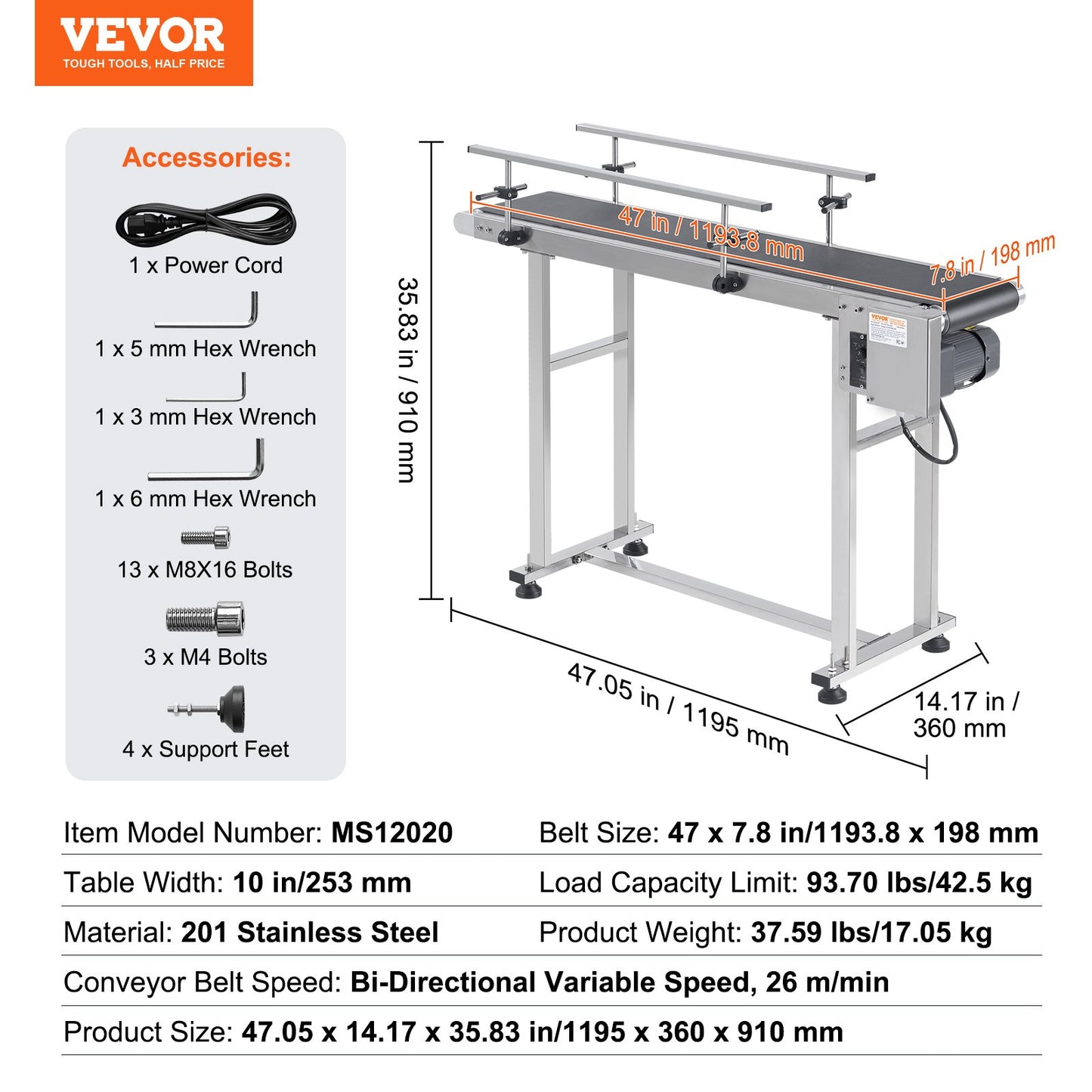 Belt Conveyor, 47 x 7.8 inch Conveyor Table, Heavy Duty Stainless Steel Motorized Belt Conveyor for Inkjet Coding Applications Powered PVC Belt Anti-Static Adjustable Speed (Double Guardrail)