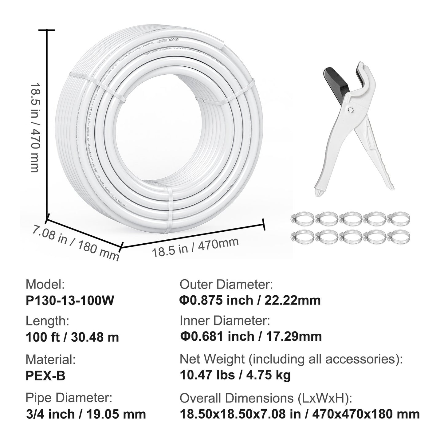 PEX Pipe 3/4 Inch, 100 Feet Length PEX-B Flexible Pipe Tubing for Potable Water, Pex Water Lines for Hot/Cold Water & Easily Restore, Plumbing Applications with Free Cutter & Clamps ,White