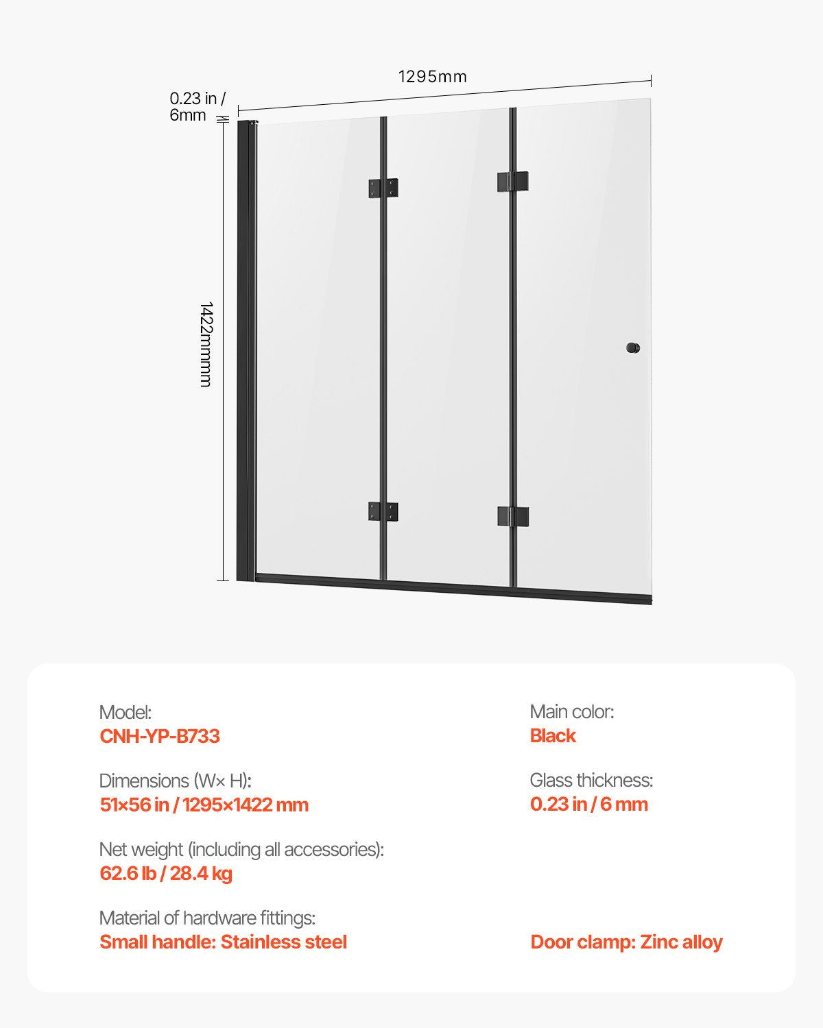 Bathtub Shower Door, 51 in. W x 56 in. H, Frameless Foldable Hinged Shower Door, Tri-Fold Shower Glass Door with 1/4 in Tempered Glass Door, 180°Rotating and Folding Design, for Bathtub, Black