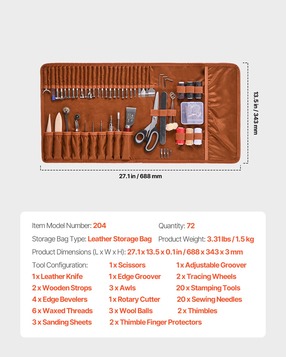 Leather Working Tools Kit, 72 PCS Leather Craft Tools with Portable Leather Storage Bag, Engraving Punching Sewing Stamping Sanding Tools, Ideal for Beginners DIY Enthusiasts and Professionals