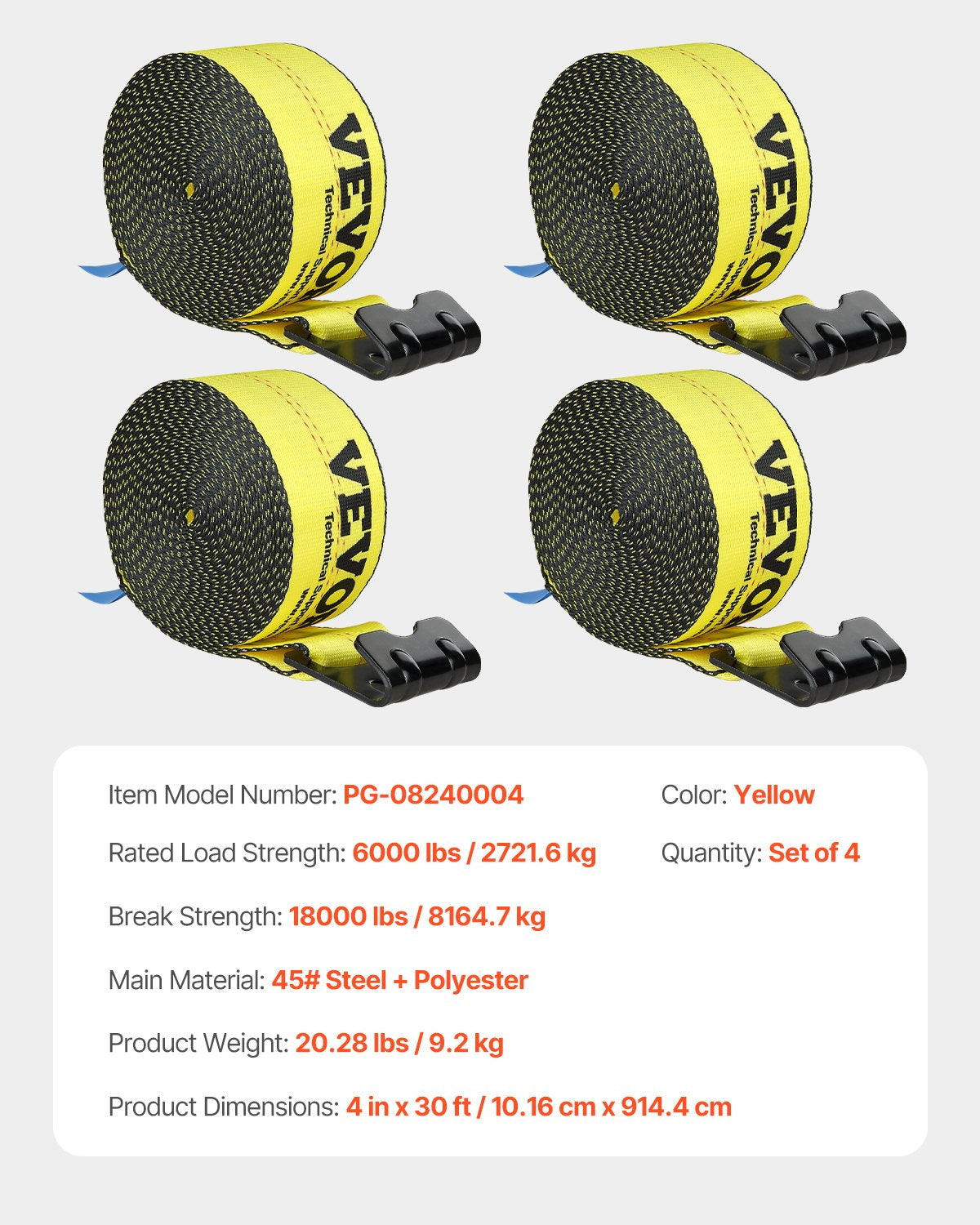 Winch Straps, 4" x 30', 6000 lbs Load Capacity, 18000 lbs Break Strength, Truck Straps with Flat Hook, Flatbed Tie Downs Cargo Control for Trailers, Farms, Rescues, Tree Saver, Yellow (4 Pack)