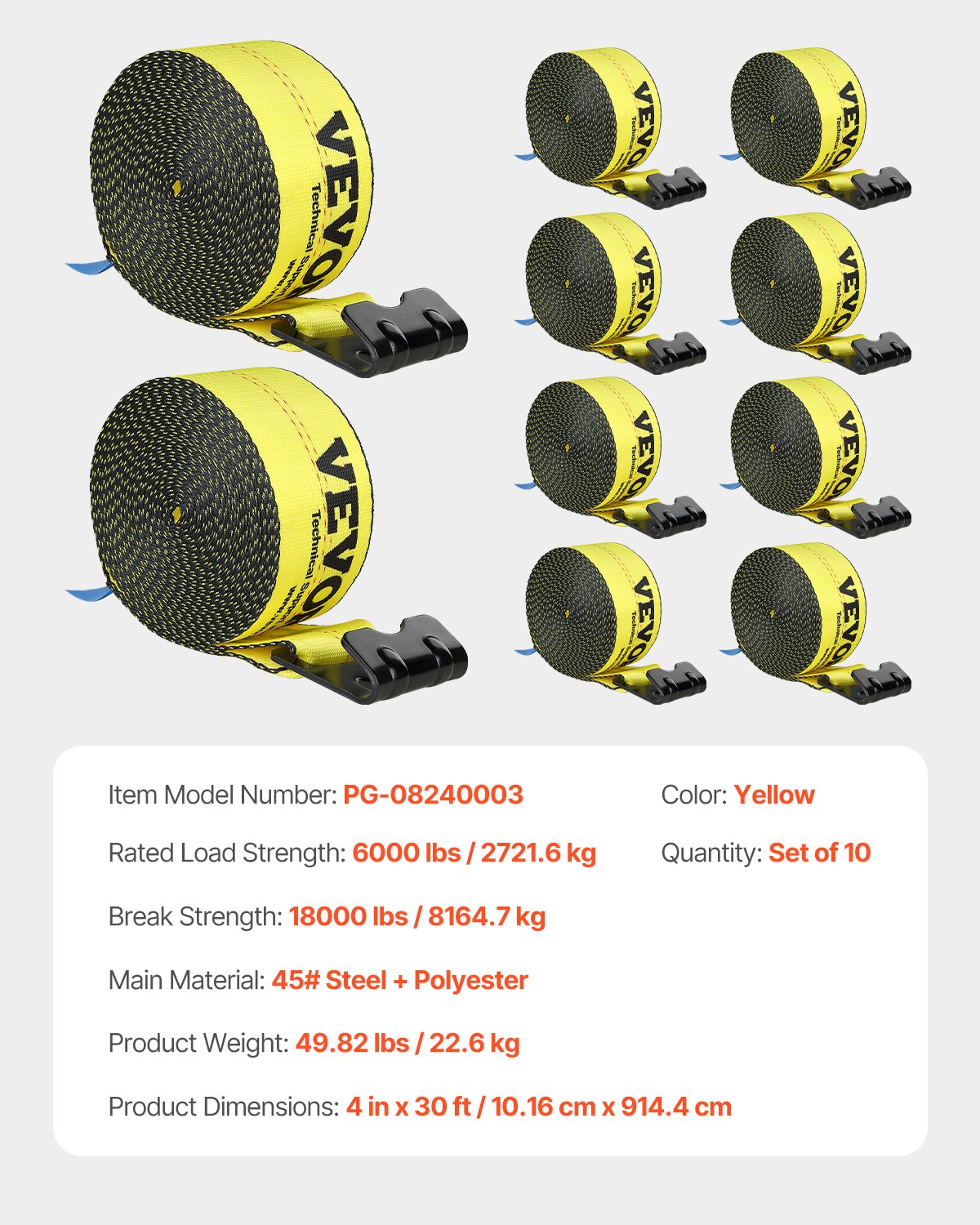 Winch Straps, 4" x 30', 6000 lbs Load Capacity, 18000 lbs Break Strength, Truck Straps with Flat Hook, Flatbed Tie Downs Cargo Control for Trailers, Farms, Rescues, Tree Saver, Yellow (10 Pack)
