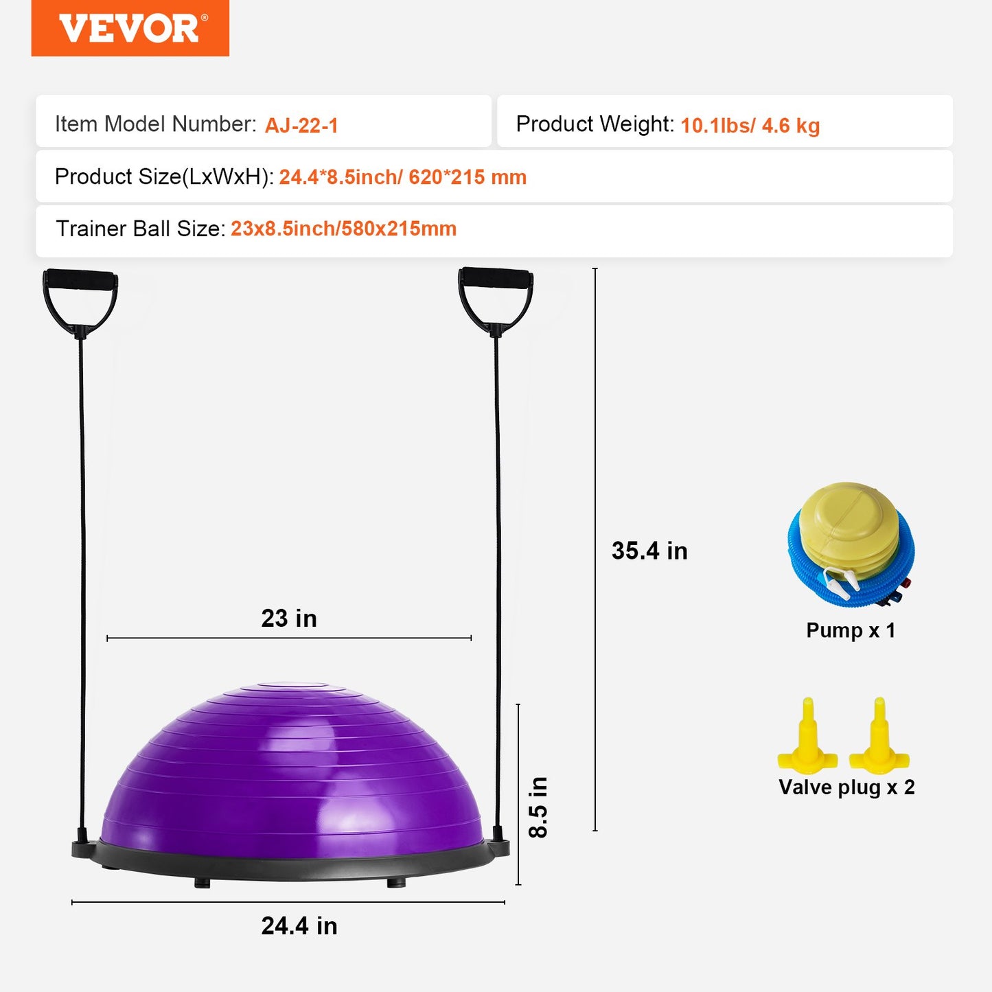 Half Exercise Ball Trainer, 23 inch Balance Ball Trainer, 660lbs Stability Ball, Yoga Ball with Resistance Bands & Foot Pump, Strength Fitness Ball for Home Gym, Full Body Workout, Purple