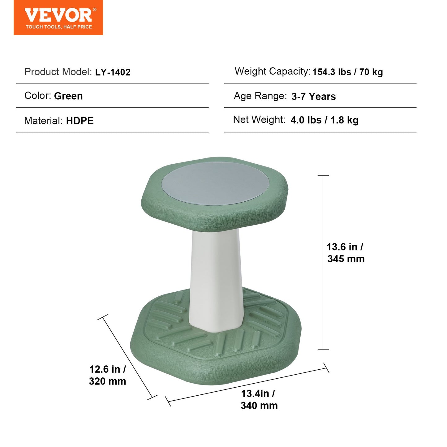 Kids Wobble Chair Active Chair with Sponge Cushion, Wobble Stool Improves Focus, Posture and Calm Children, Ideal for Schools and Preschools, Age 3-7, Green