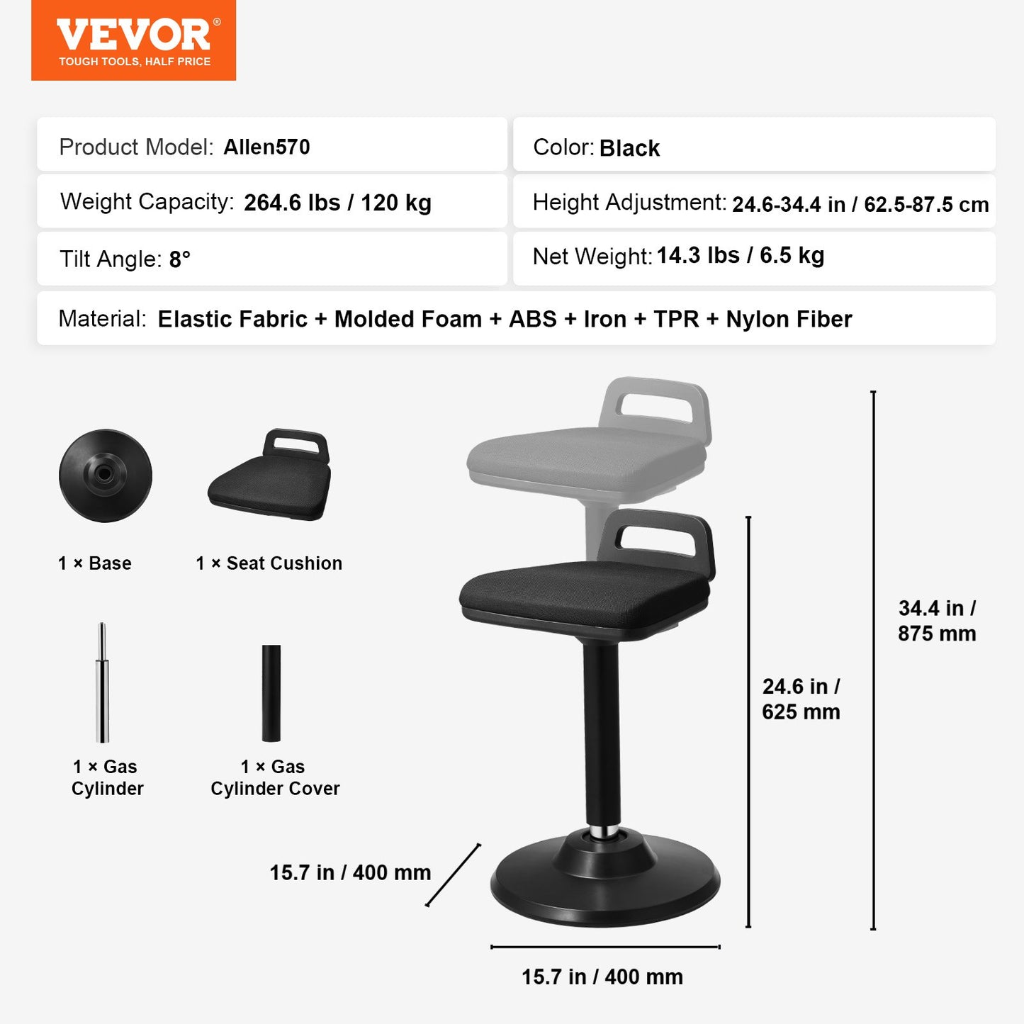 Active Chair with Handle, Height-Adjustable (24.6-34.4") Wobble Chair Made of Elastic Fabric & 45 mm Foam, Ideal for Schools, Office and Home, 8° Tilt Angle, Age 12-18, Black