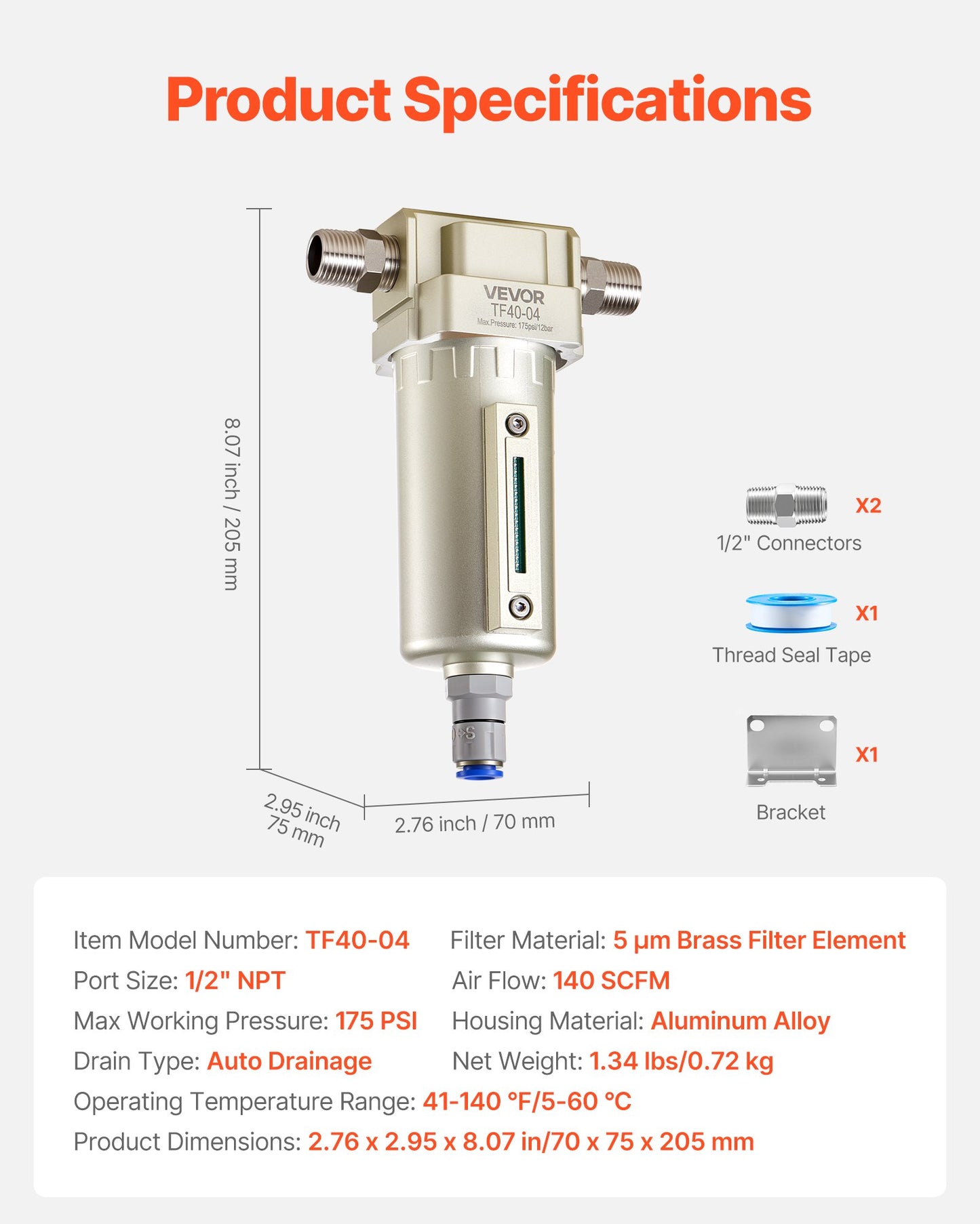 Air Compressor Filter, 1/2" NPT Air-Dryer for Compressor with 5μm Brass Filter Element, Auto-Drain Air Compressor Water Separator 175 PSI Max Working Pressure, Aluminum Alloy Bowl