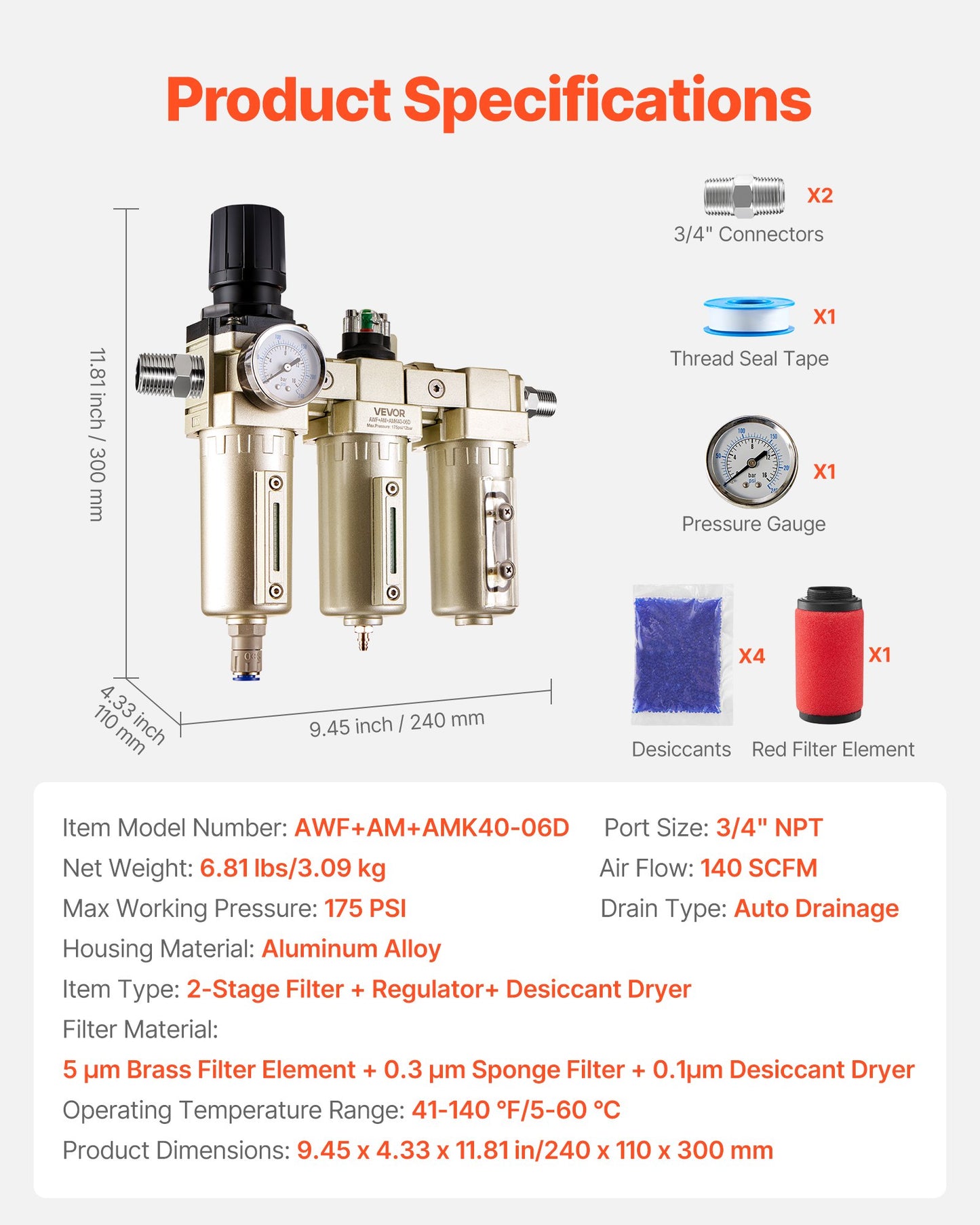 Air Compressor Filter Regulator, 3/4" NPT 3-Stage 5μm & 0.3μm & 0.1μm Air Drying System with Micron Filters and Desiccant Dryer, Auto Drain Air Compressor Water Separator 175PSI Max Pressure