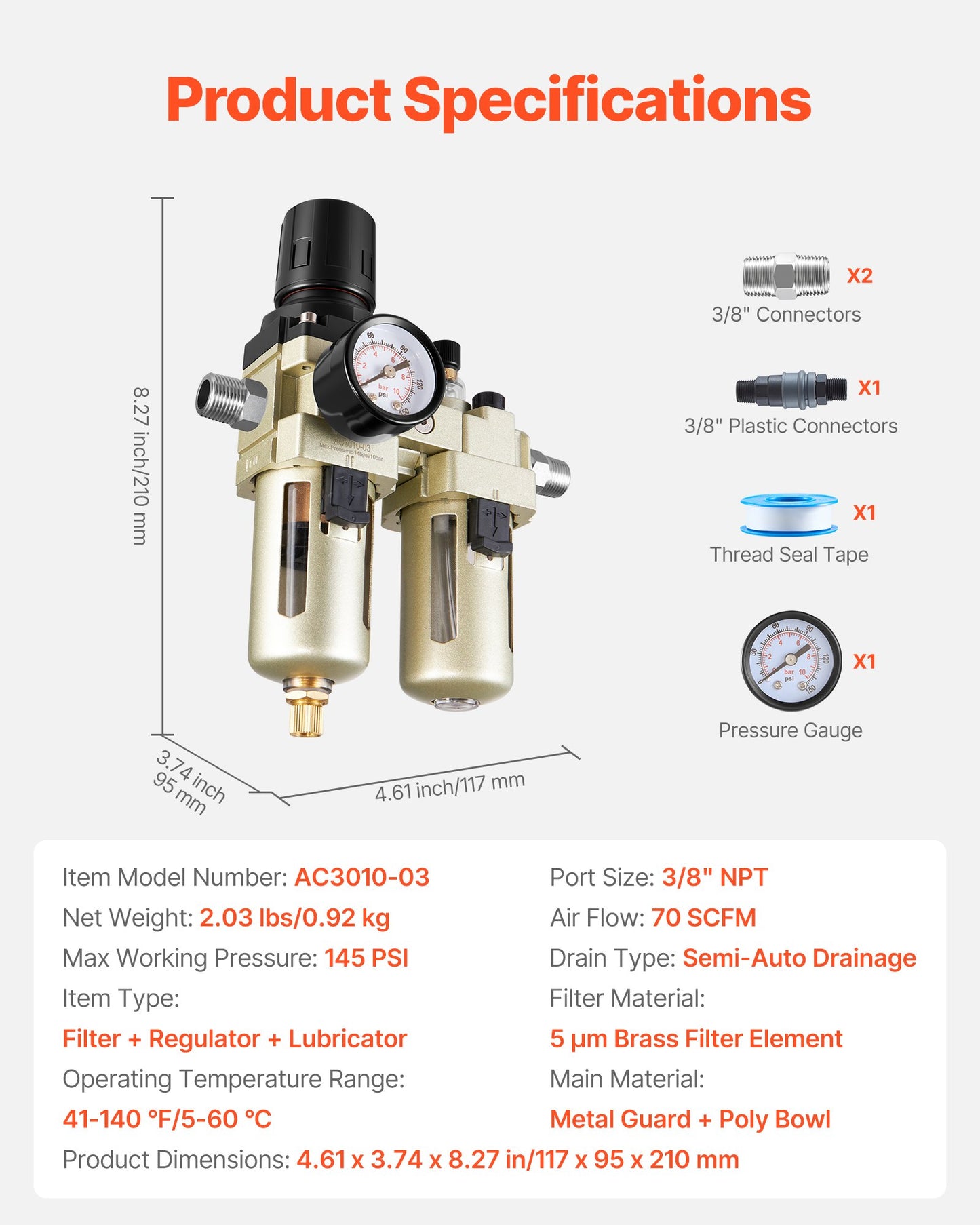 Air Compressor Filter Regulator Lubricator (FRL), 3/8" NPT Air Compressor Water Separator, Semi-Auto Drain Air-Drying System with 5μm Brass Filter Element, 145PSI Max Working Pressure, Poly Bowl