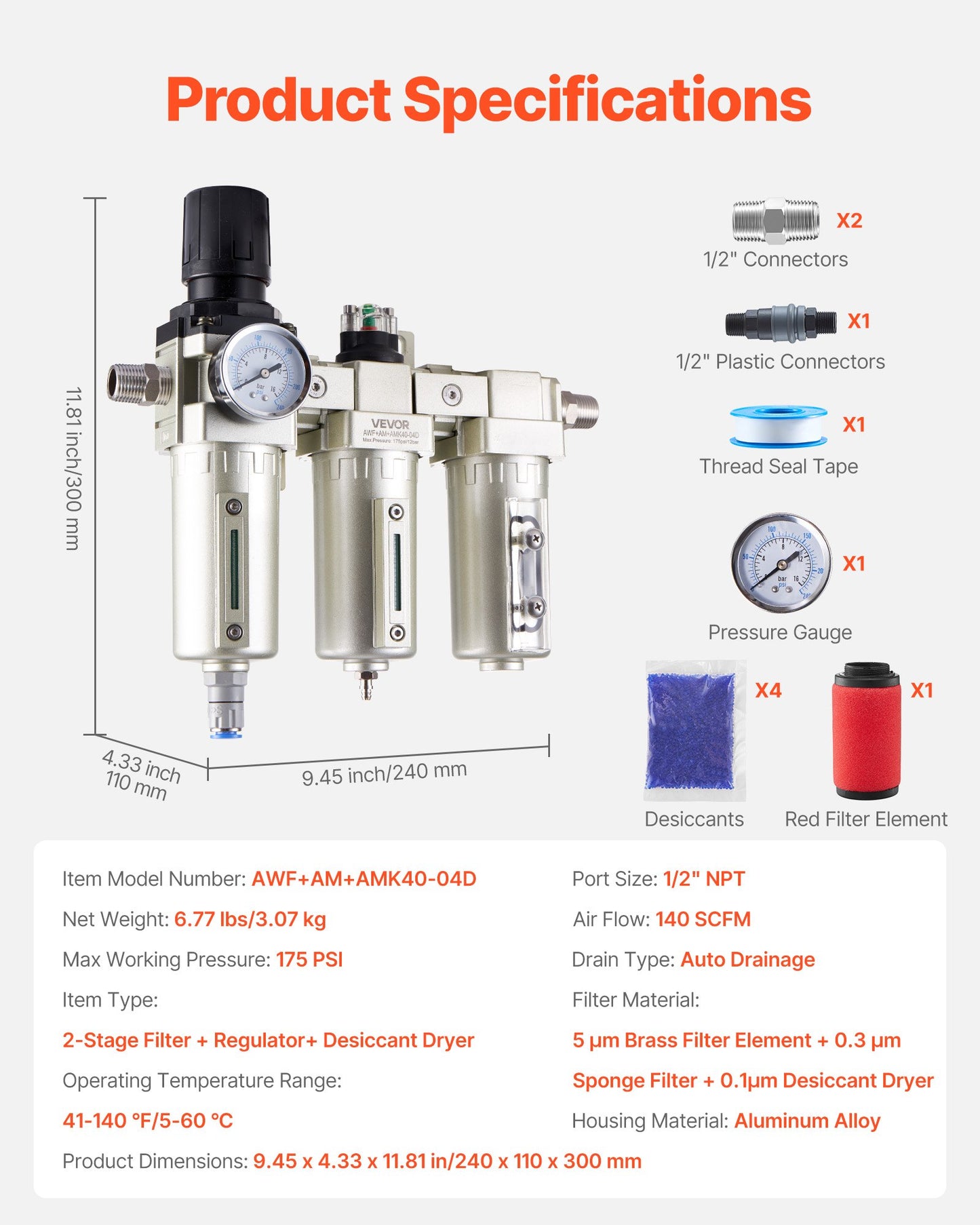 Air Compressor Filter Regulator, 1/2" NPT 3-Stage 5μm & 0.3μm & 0.1μm Air Drying System with Micron Filters and Desiccant Dryer, Auto Drain Air Compressor Water Separator 175PSI Max Pressure
