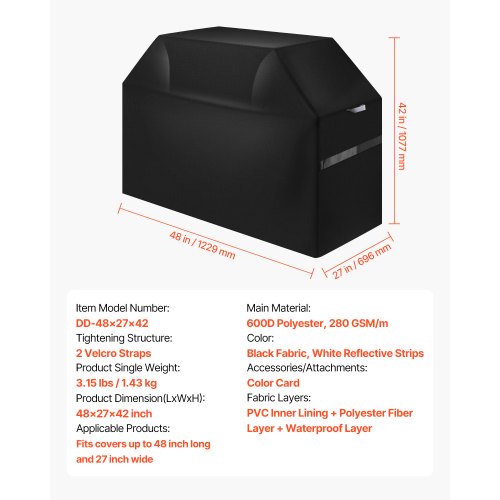 Grillöverdrag, 48 tums grillöverdrag för utomhusgrillar, vattentätt, blekningsbeständigt, väderbeständigt kraftigt 600D polyester, enkelt på och av, med kardborreband, svart | EU