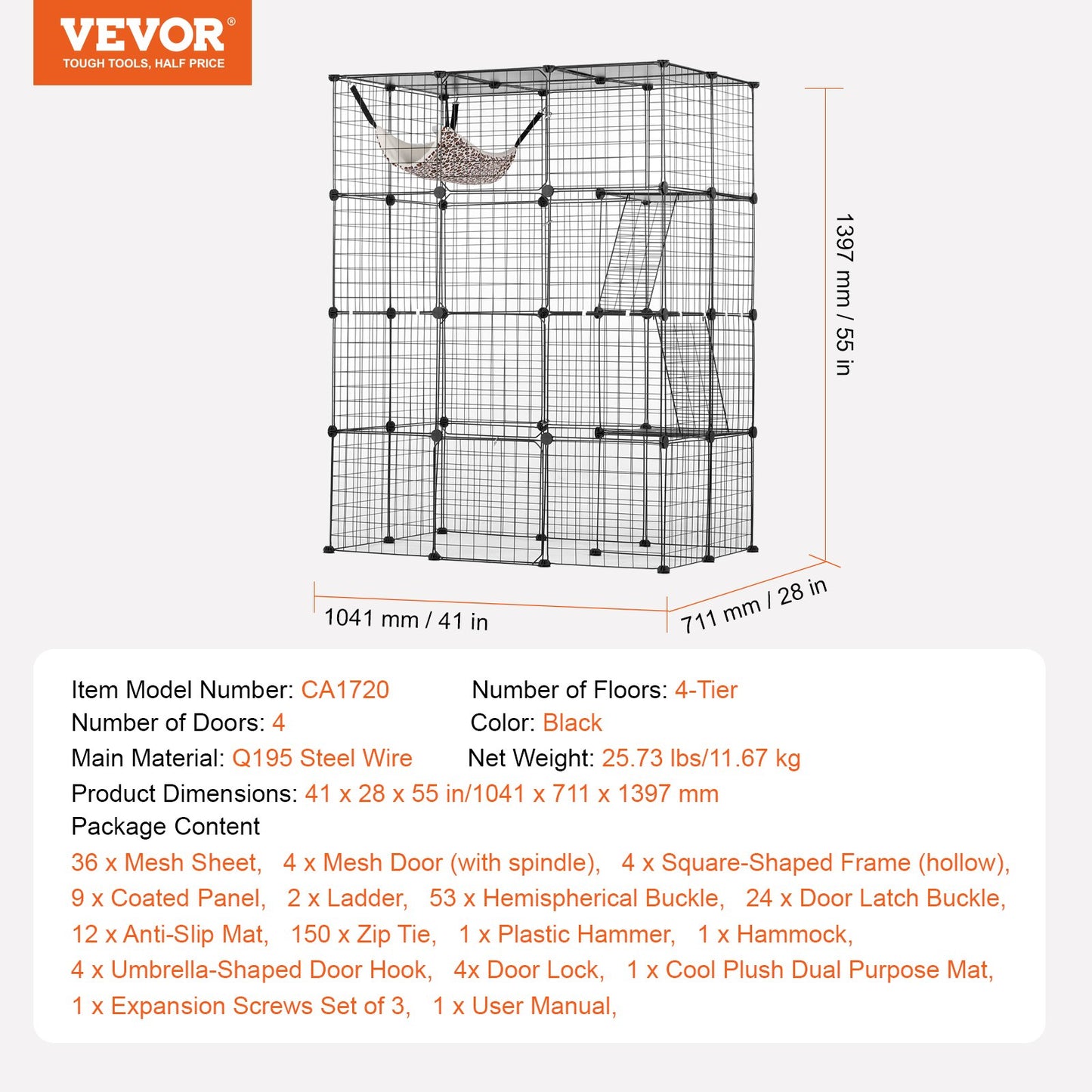 Large 4-tier Cat Cage, 41 x 28 x 55", Detachable Metal Wire Cat Enclosure, with 4 Front Doors Hammock Ramp ladders, Indoor & Outdoor Crate Exercise Place Ideal for Kitty, Small Animals, Black