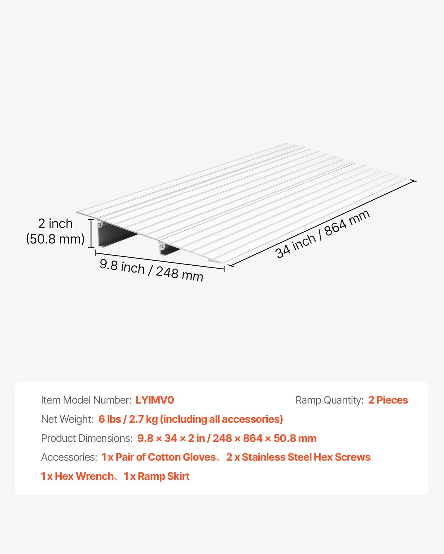 Door Threshold Ramp, 2 inch Rise, Aluminum Alloy Threshold Ramp Rated 800 lbs Load Capacity, Handicap Ramps for Home Steps for Wheelchair, Scooters, Power Chairs, Walkers, Bicycle, Tricycle