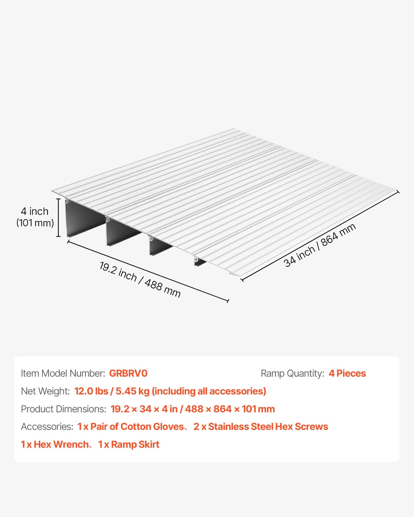 Door Threshold Ramp, 4 inch Rise, Aluminum Alloy Threshold Ramp Rated 800 lbs Load Capacity, Handicap Ramps for Home Steps for Wheelchair, Scooters, Power Chairs, Walkers, Bicycle, Tricycle