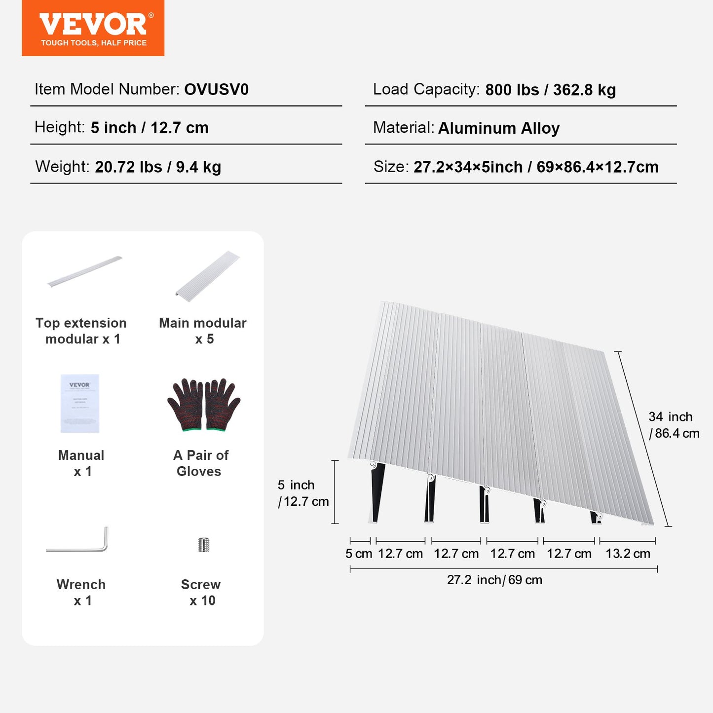 Door Threshold Ramp, 5" Rise, 800 lbs Load Capacity, Door Ramp for Wheelchairs, Aluminum Threshold Ramp for Doorways, Adjustable Modular Threshold Ramp for Wheelchairs, Scooters, Power Chairs