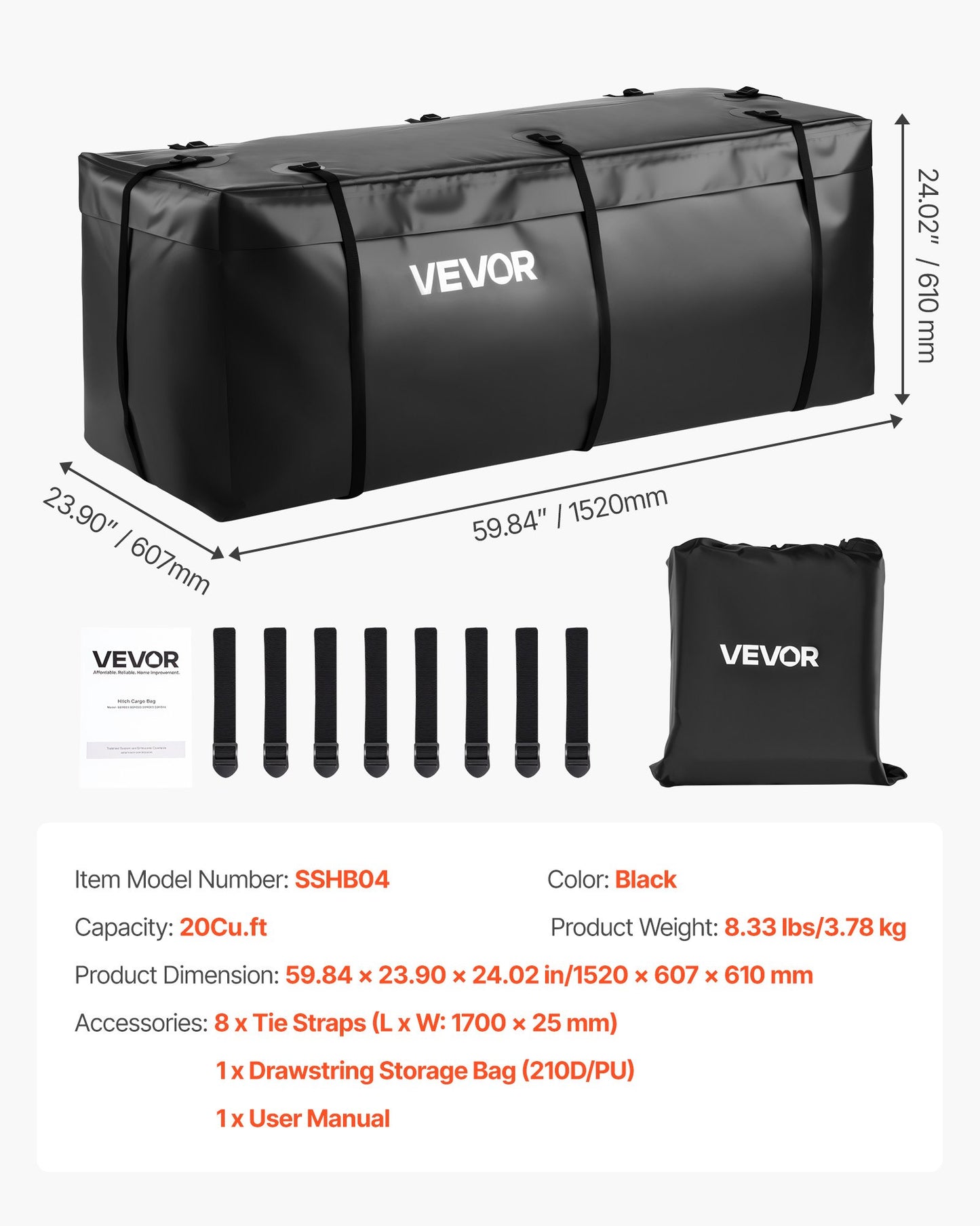 Hitch Cargo Carrier Bag, Waterproof 840D PVC, 59.84 x 23.9 x 24.02 in (20 Cubic Feet), Heavy Duty Cargo Bag for Truck Bed Storage with 8 Reinforced Straps, Suitable for Car Vans Hitch Basket